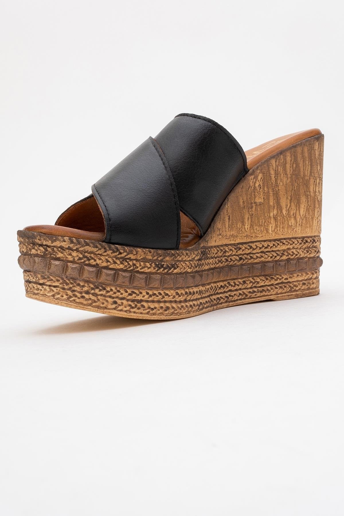 Lois - Black Wedge Leather Sandal – heel view showing leather, black, Vowalisse