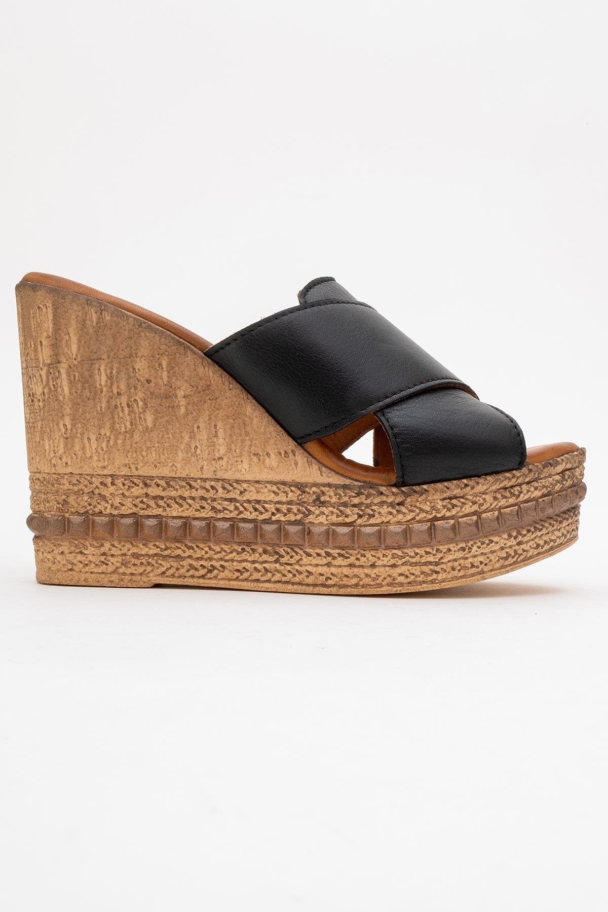 Lois - Black Wedge Leather Sandal – top view showing leather, black, Vowalisse