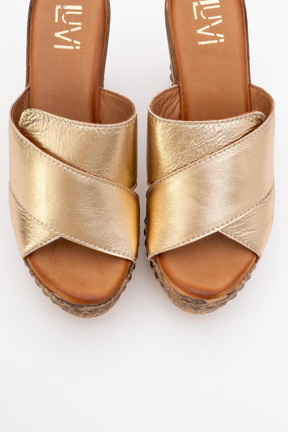 Lois - Gold Wedge Leather Sandal – side view showing leather, gold, Vowalisse