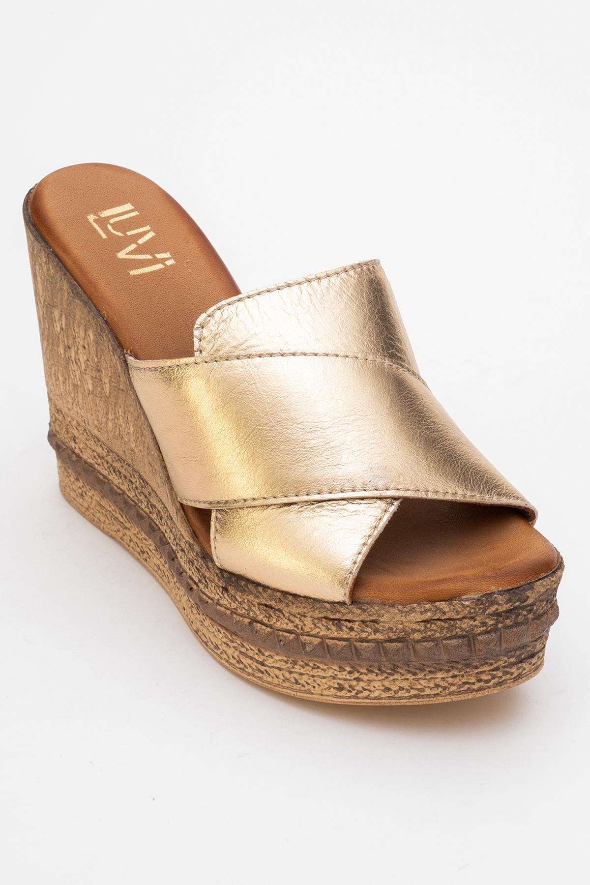Lois - Gold Wedge Leather Sandal – detail view showing leather, gold, Vowalisse