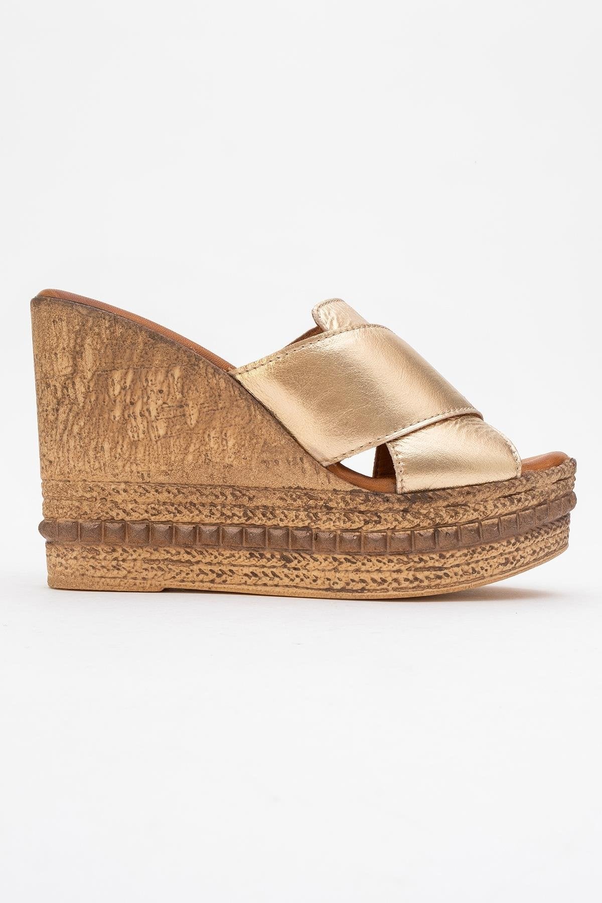 Lois - Gold Wedge Leather Sandal – top view showing leather, gold, Vowalisse