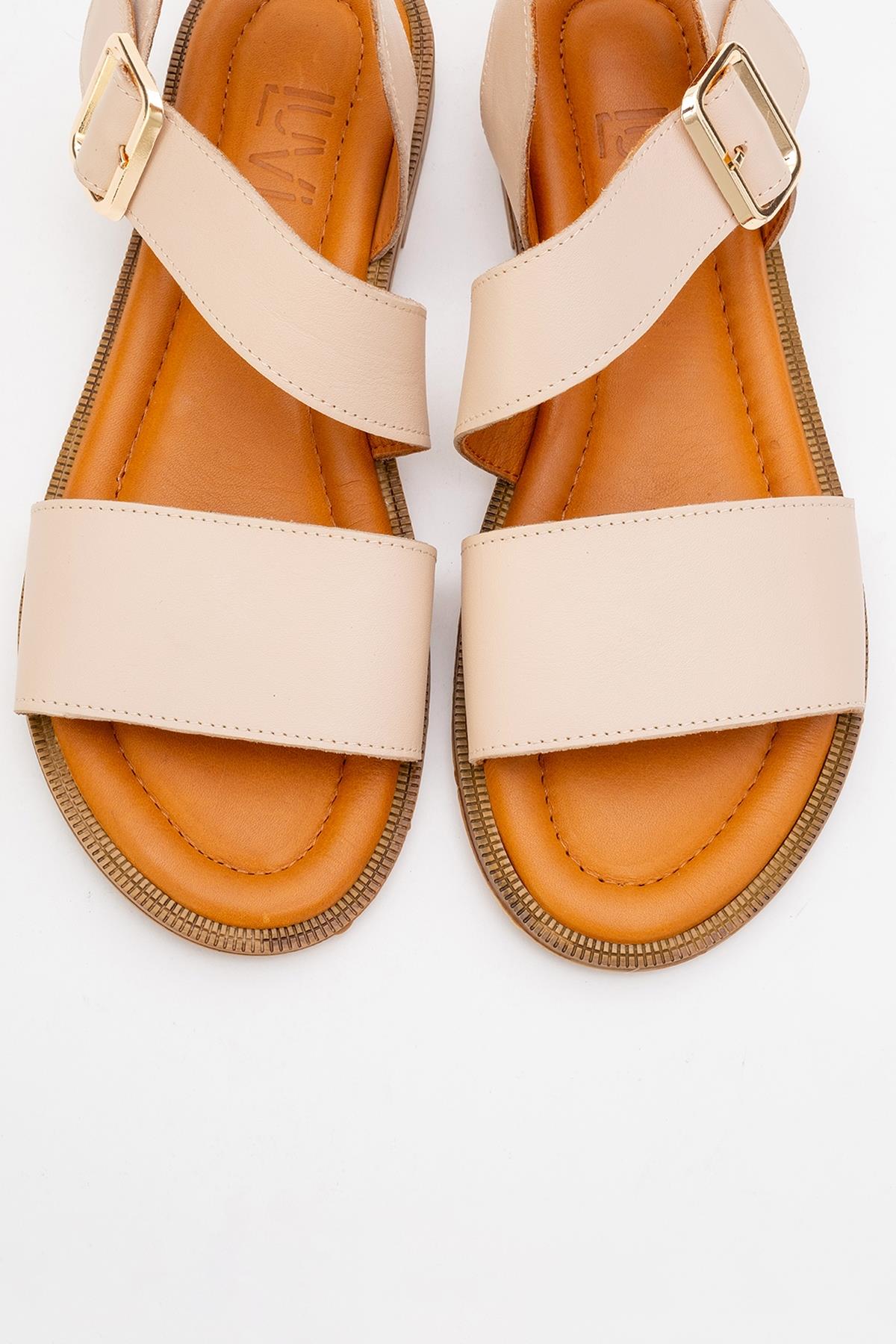 Majesty Beige Leather Sandal – side view showing leather, gold, red, Vowalisse
