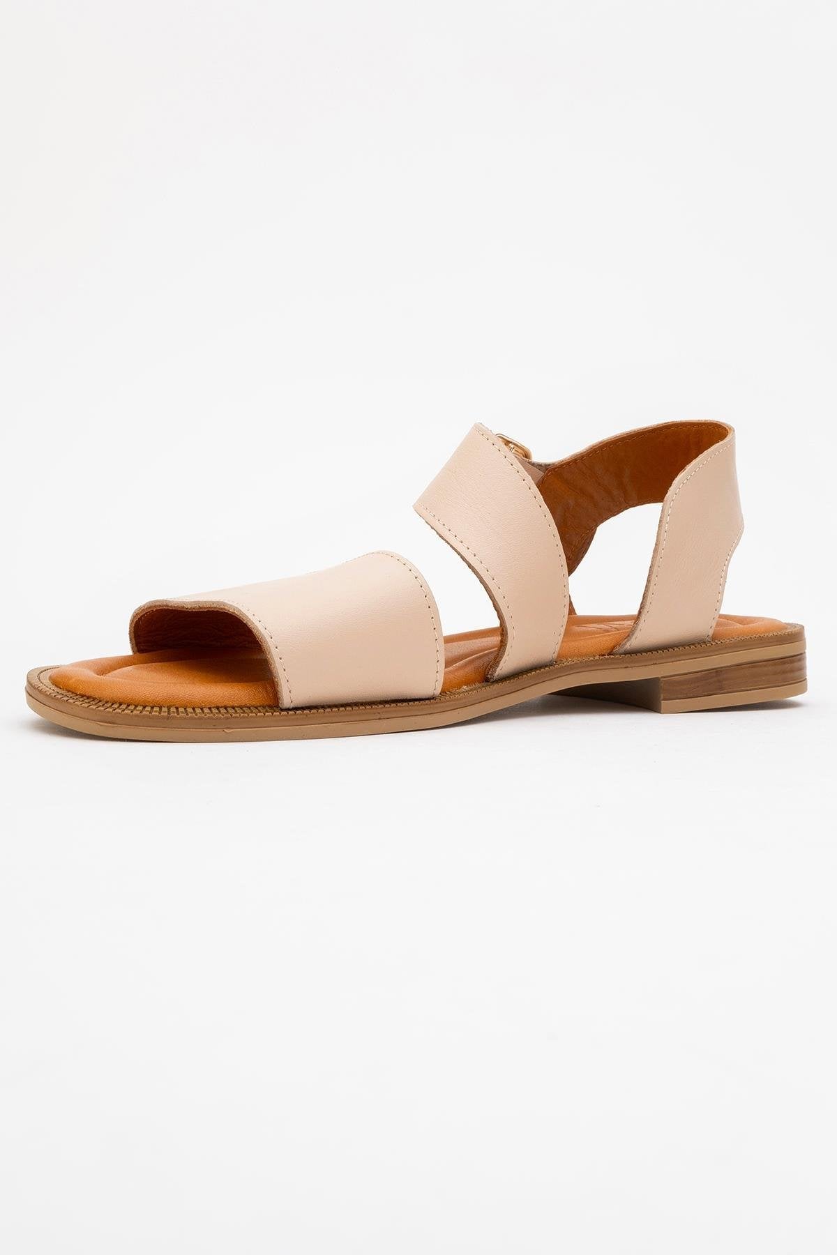 Majesty Beige Leather Sandal – heel view showing leather, gold, red, Vowalisse