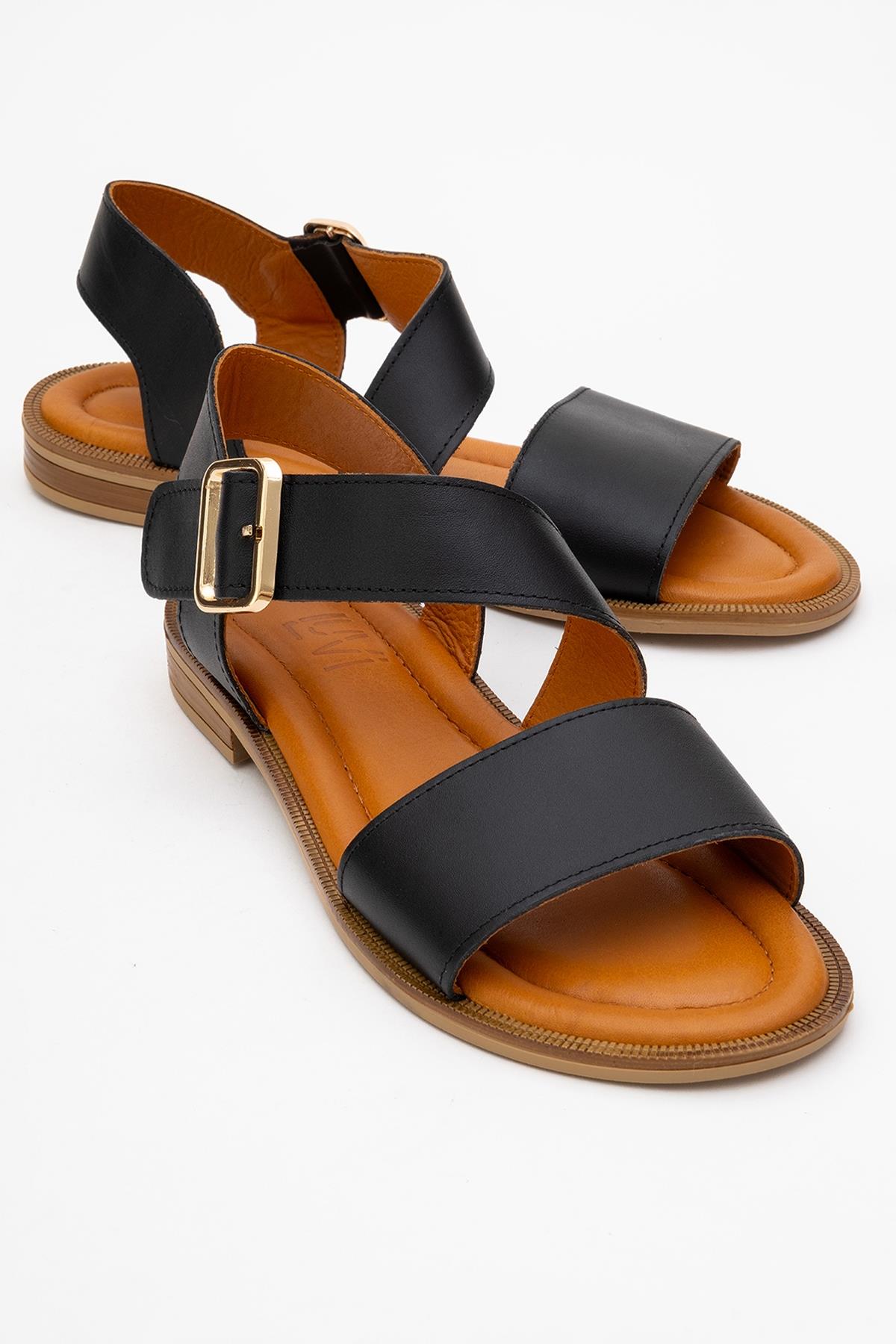 Majesty Black Leather Sandal – front three-quarter view showing leather, black, gold, Vowalisse