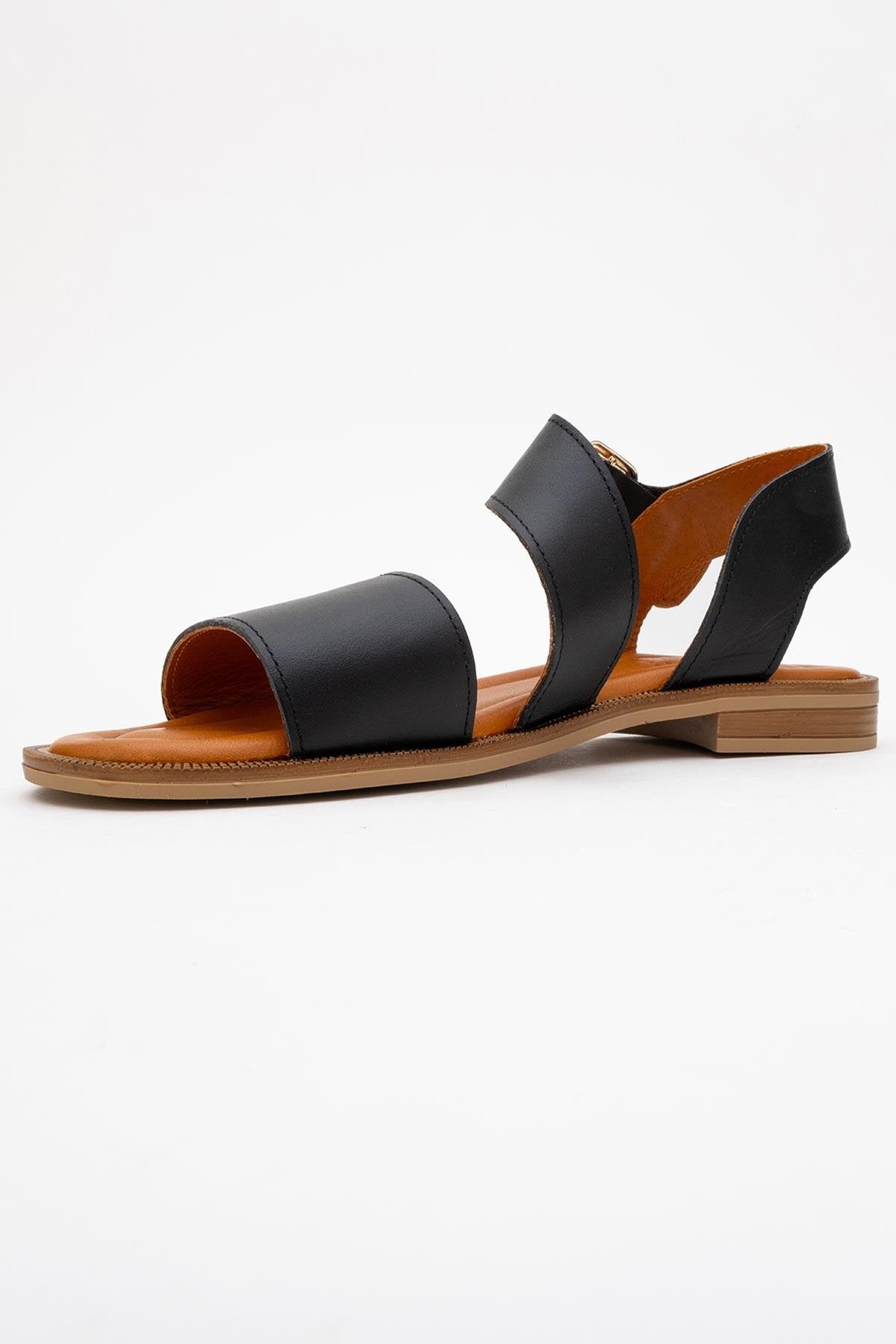 Majesty Black Leather Sandal – heel view showing leather, black, gold, Vowalisse
