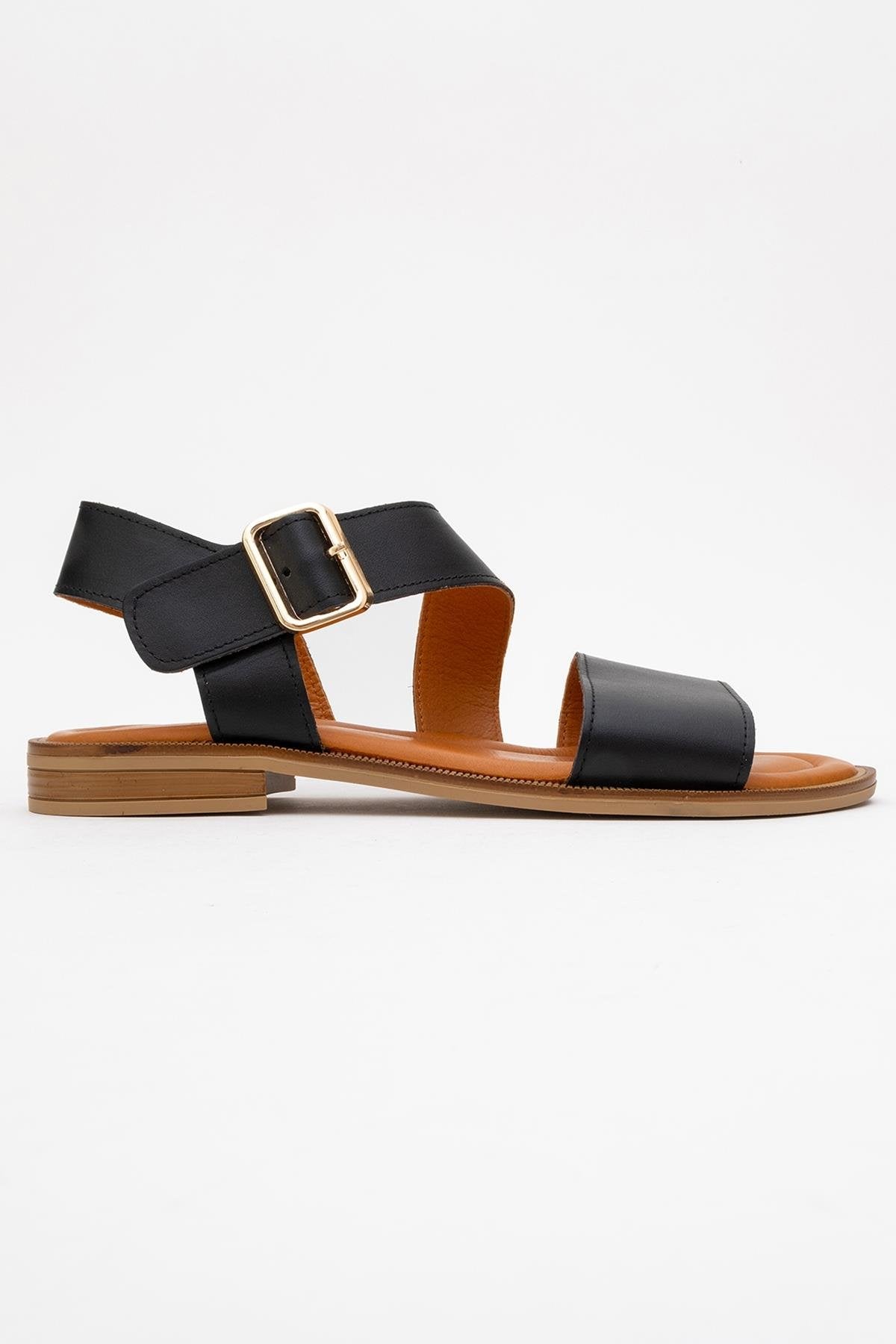 Majesty Black Leather Sandal – top view showing leather, black, gold, Vowalisse