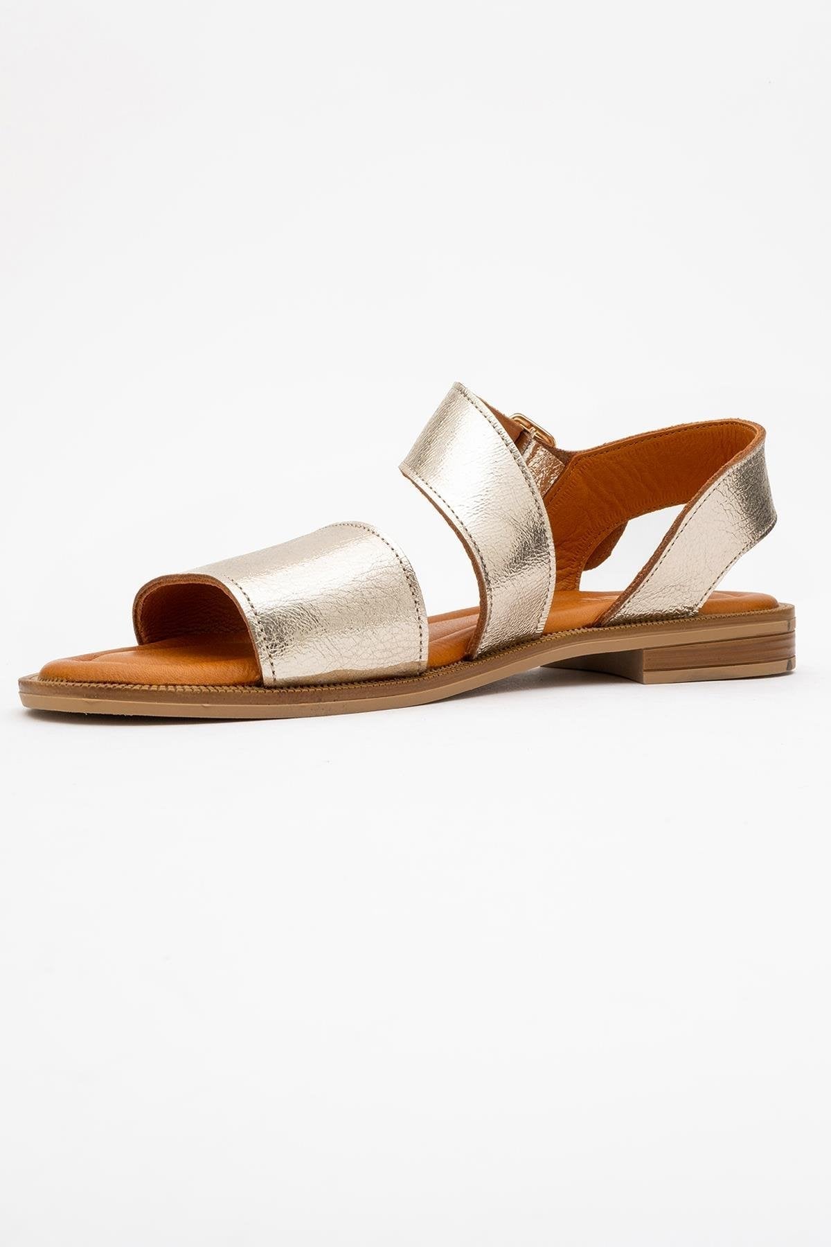 Majesty Gold Leather Sandal – heel view showing leather, gold, red, Vowalisse