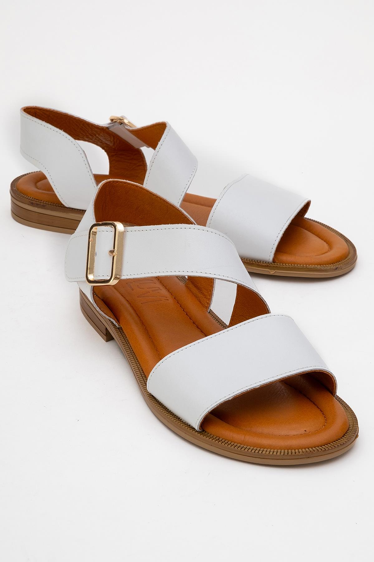 Majesty White Leather Sandal – front three-quarter view showing leather, white, gold, Vowalisse