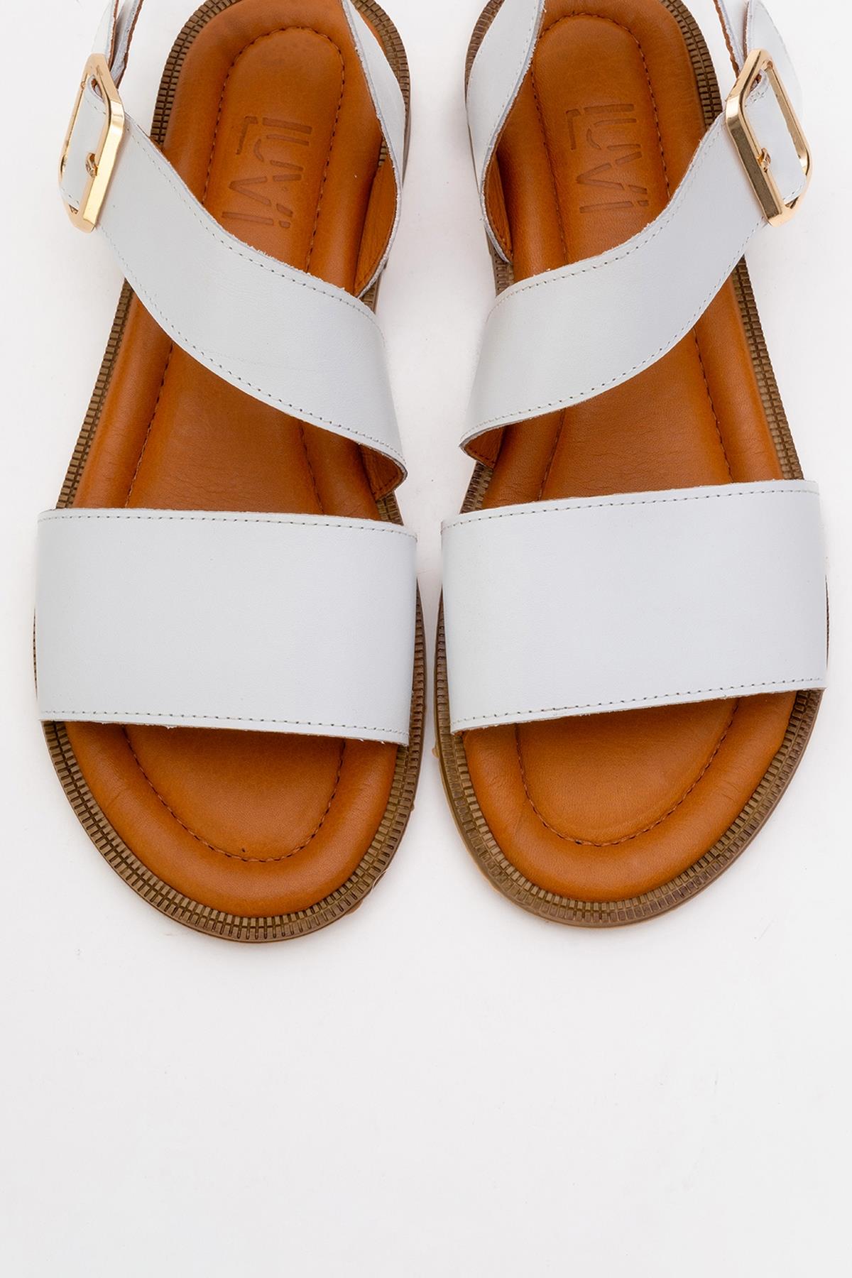 Majesty White Leather Sandal – side view showing leather, white, gold, Vowalisse