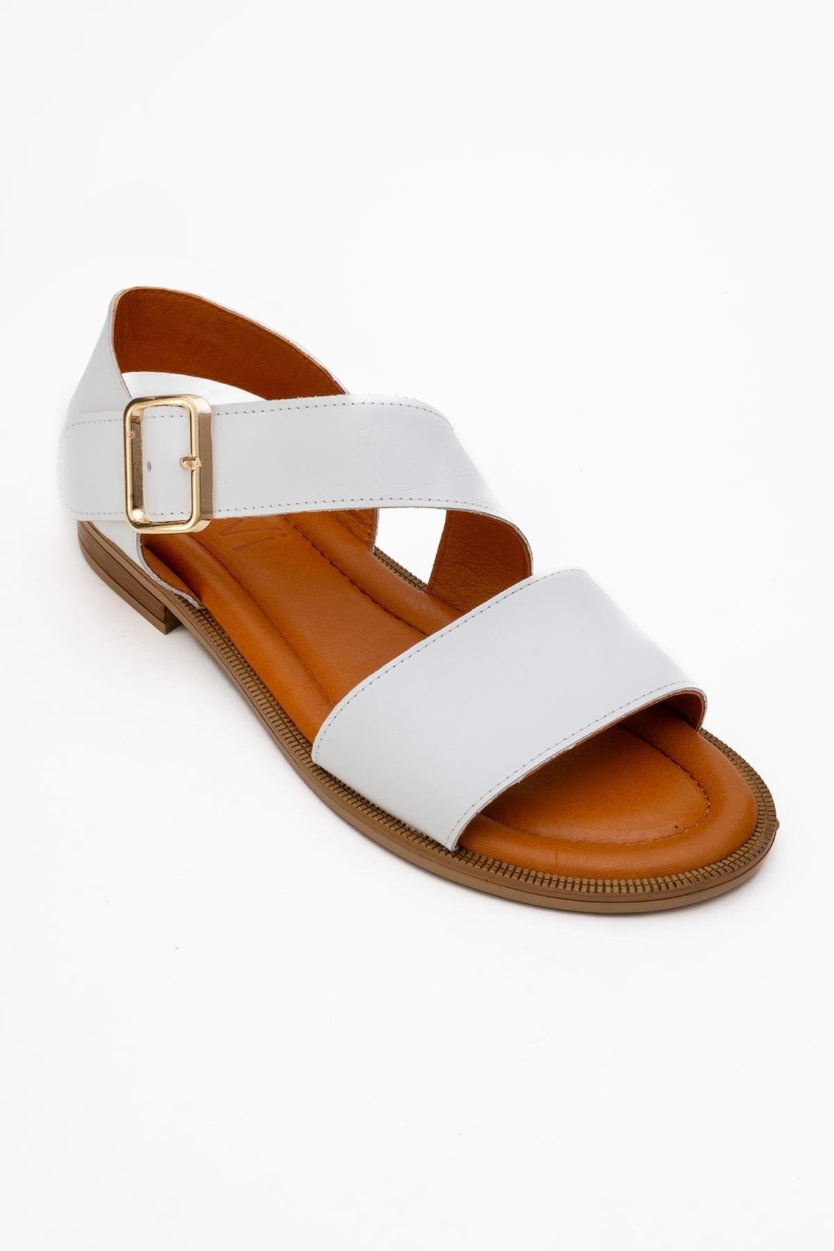 Majesty White Leather Sandal – detail view showing leather, white, gold, Vowalisse