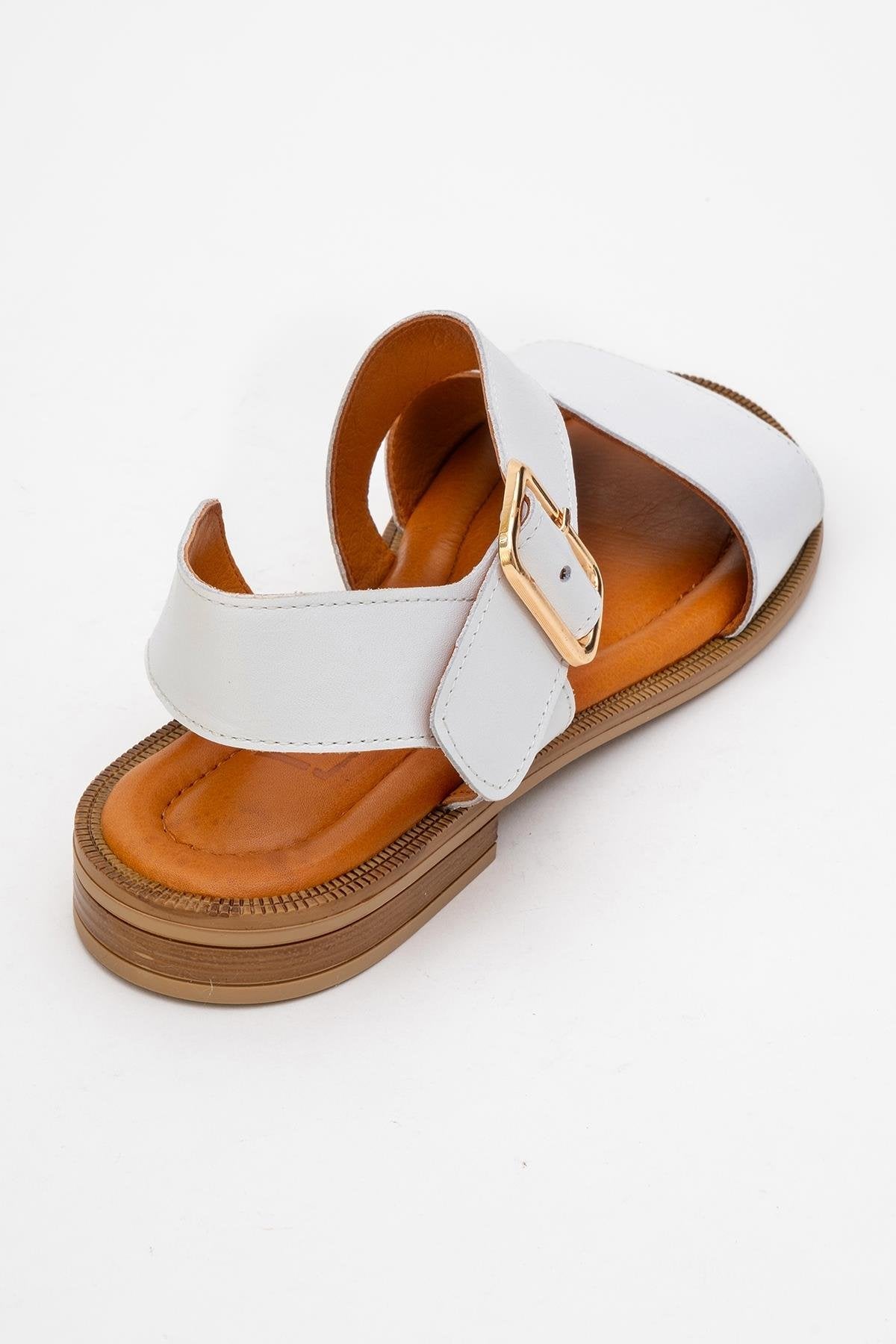 Majesty White Leather Sandal – back view showing leather, white, gold, Vowalisse