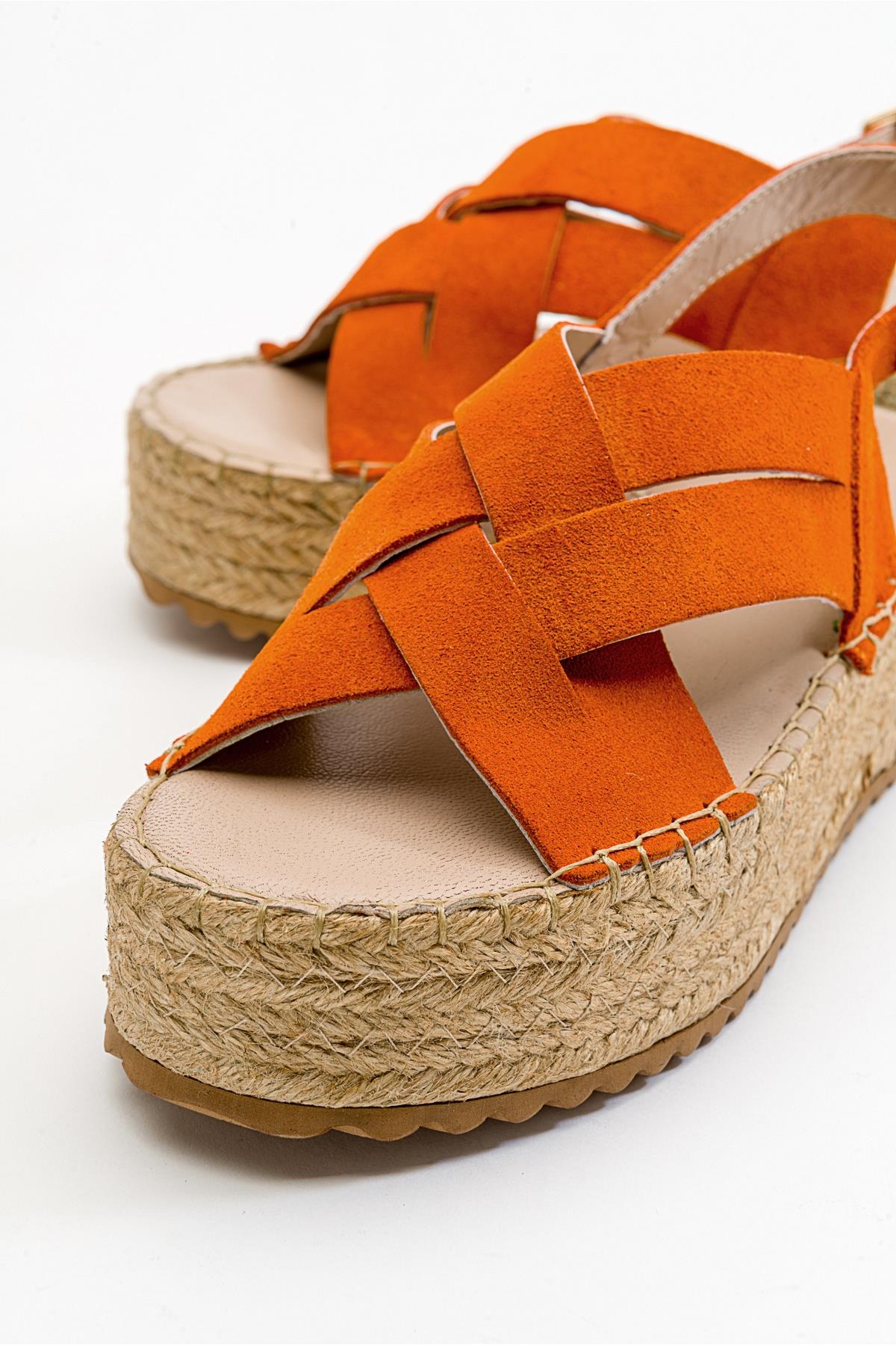 Lontano - Orange Suede Leather Platform Sandal – side view showing leather, suede, Vowalisse