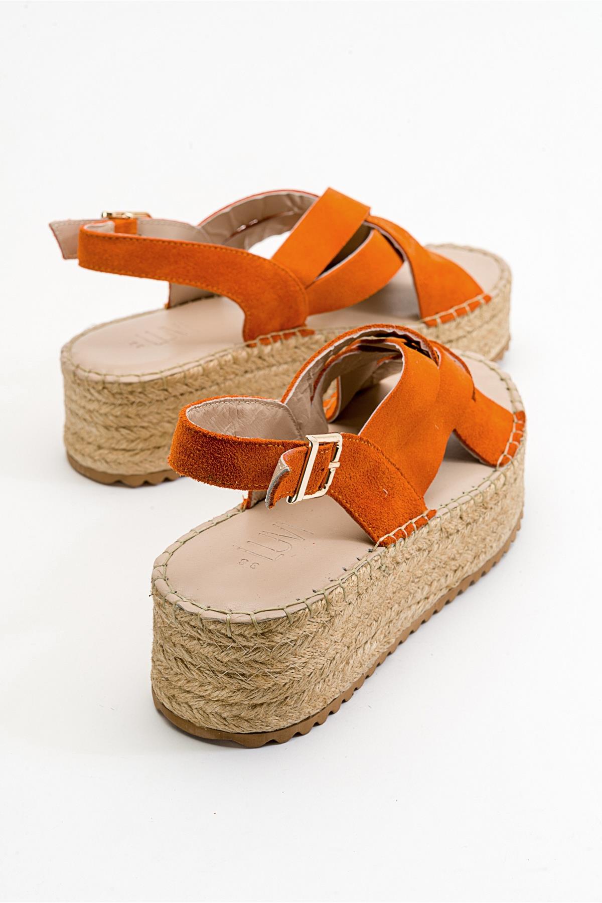 Lontano - Orange Suede Leather Platform Sandal – detail view showing leather, suede, Vowalisse