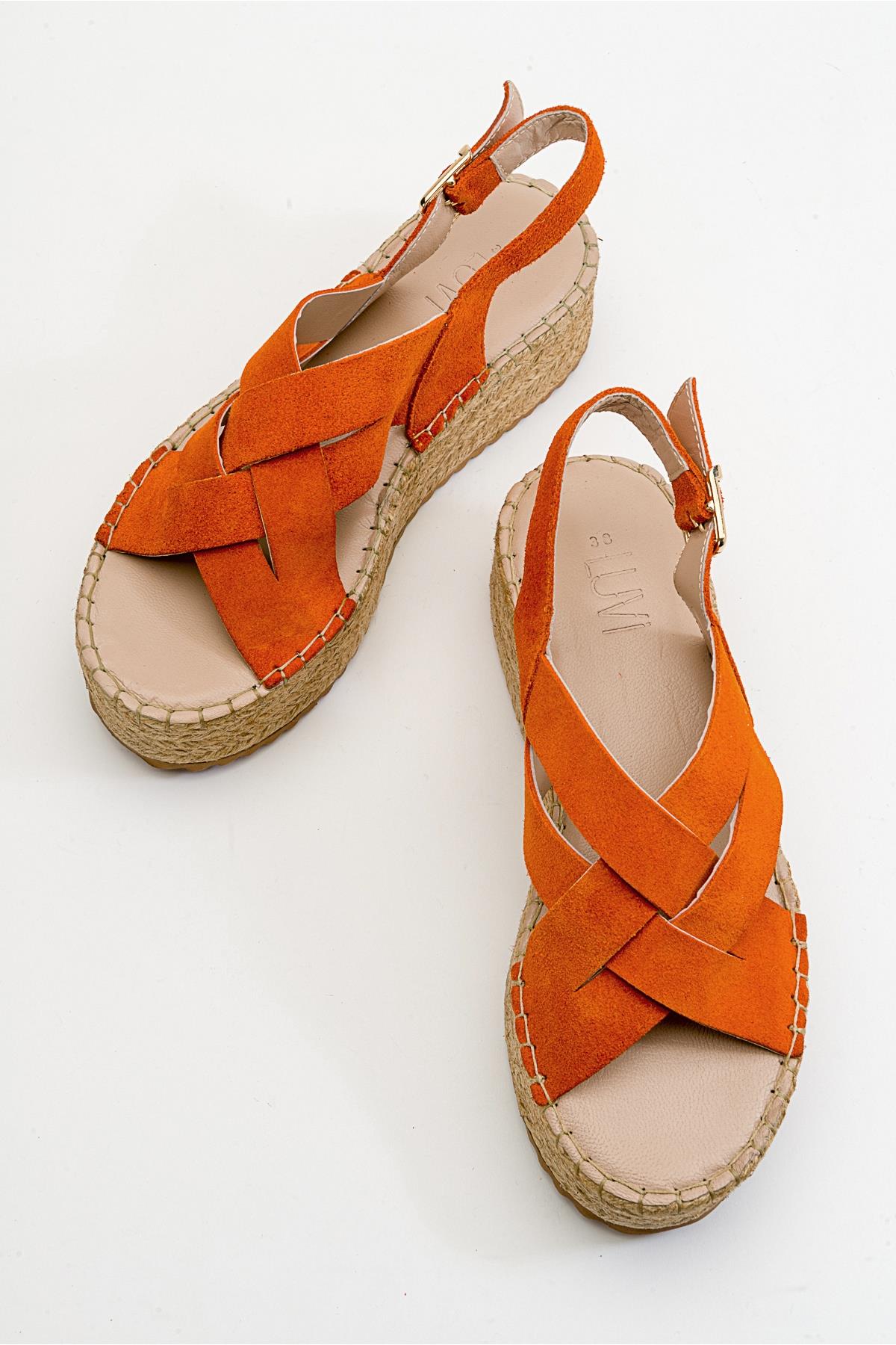Lontano - Orange Suede Leather Platform Sandal – heel view showing leather, suede, Vowalisse