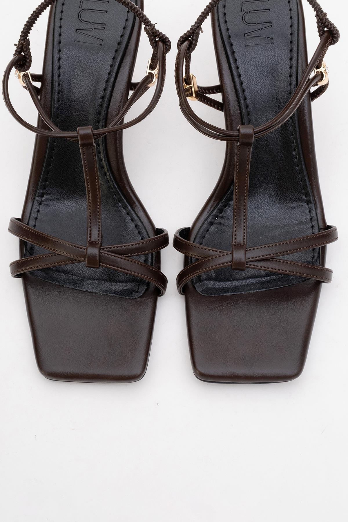 Gibson Brown Square‑Toe Stiletto Sandal – side view showing leather, red, Vowalisse