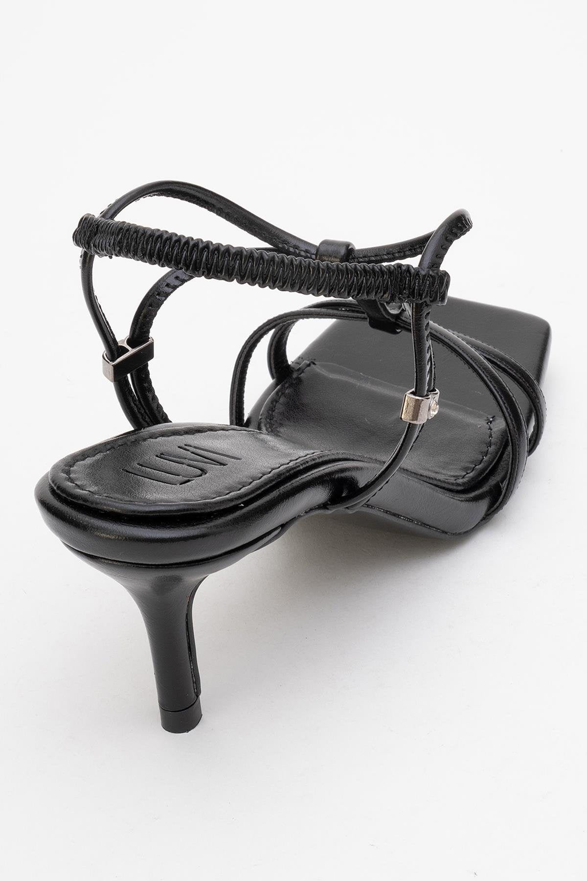 Gibson Black Square‑Toe Stiletto Sandal – back view showing leather, black, red, Vowalisse