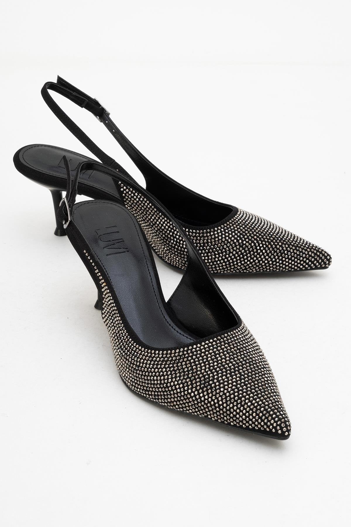 Novs - Black Embellished Stiletto Evening Shoe – front three-quarter view showing leather, black, Vowalisse