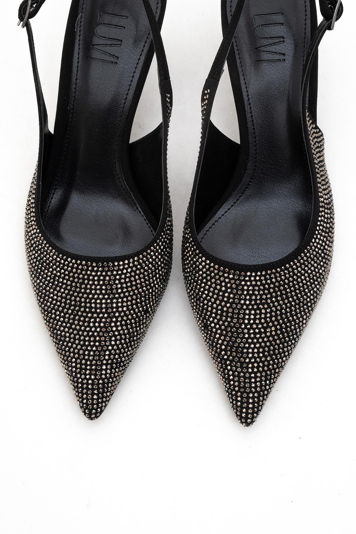 Novs - Black Embellished Stiletto Evening Shoe – side view showing leather, black, Vowalisse