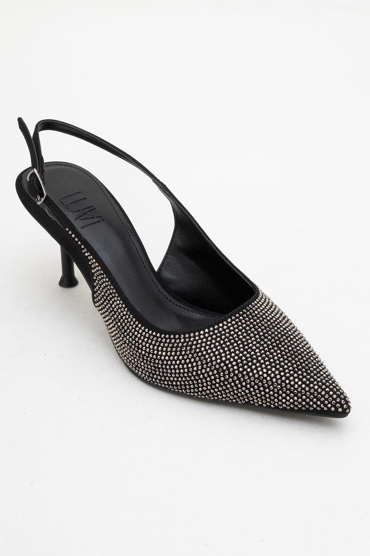 Novs - Black Embellished Stiletto Evening Shoe – detail view showing leather, black, Vowalisse
