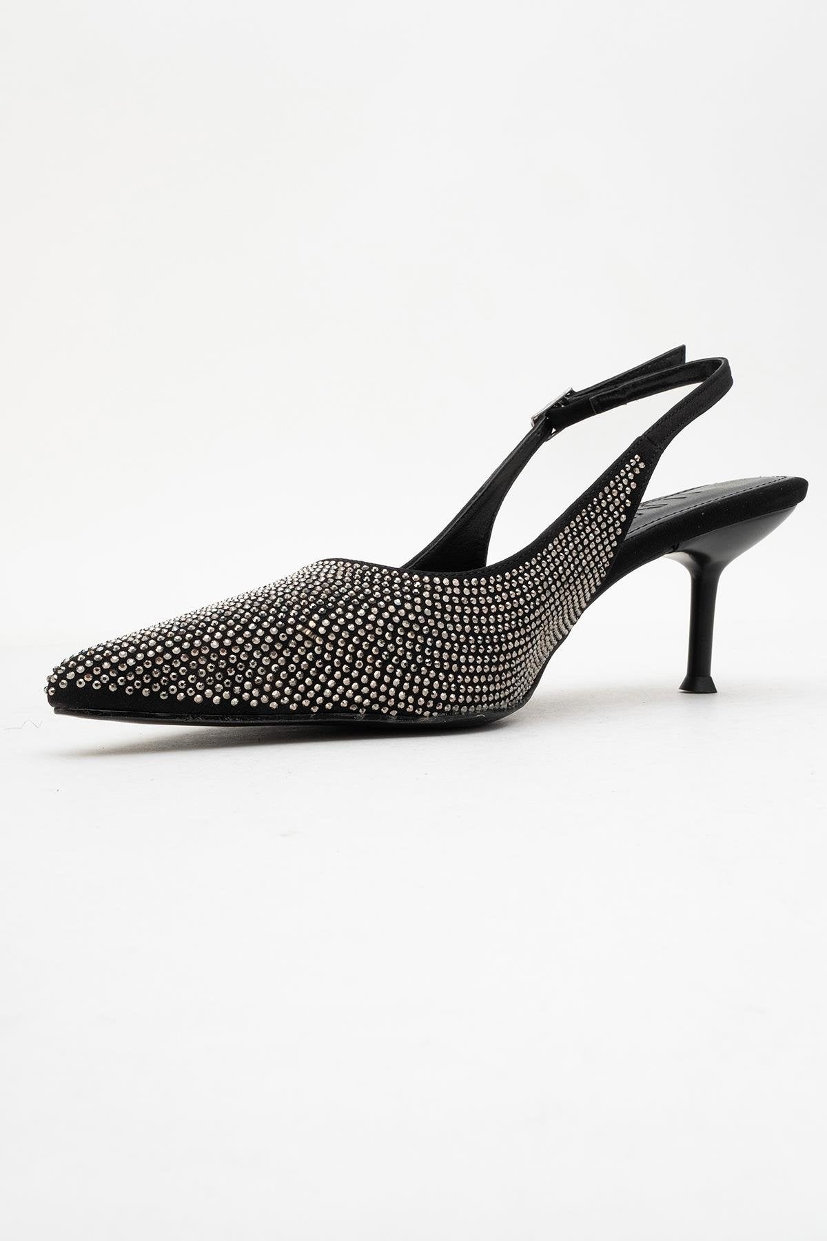 Novs - Black Embellished Stiletto Evening Shoe – heel view showing leather, black, Vowalisse