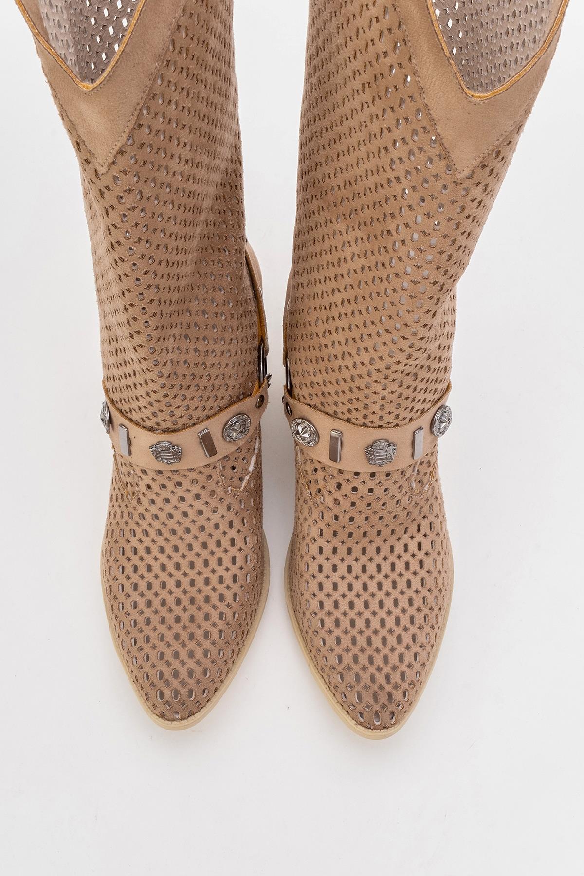 Liza Dark Beige Block Heel Western Boot – top view showing leather, red, Vowalisse