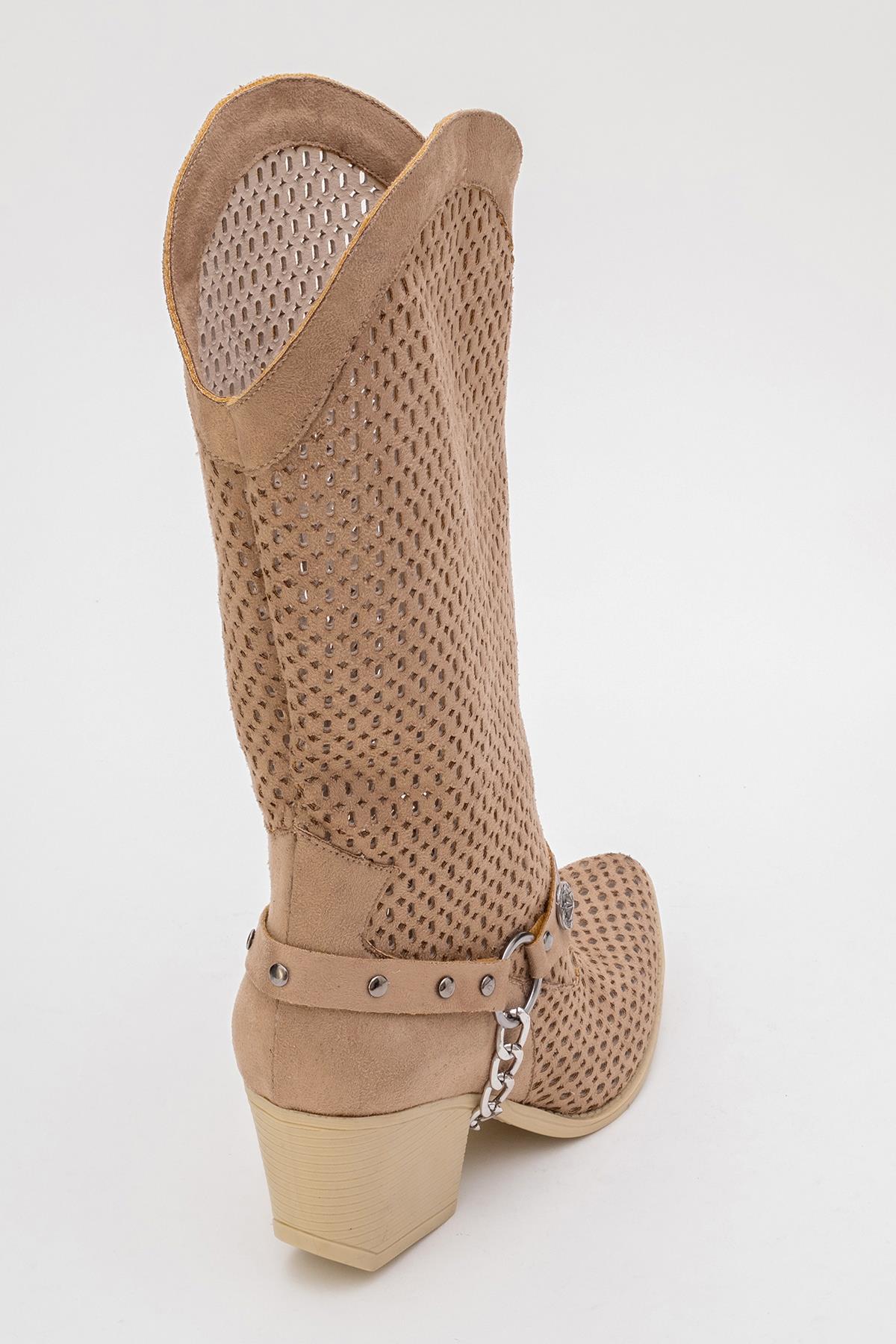 Liza Dark Beige Block Heel Western Boot – product view 9 showing leather, red, Vowalisse