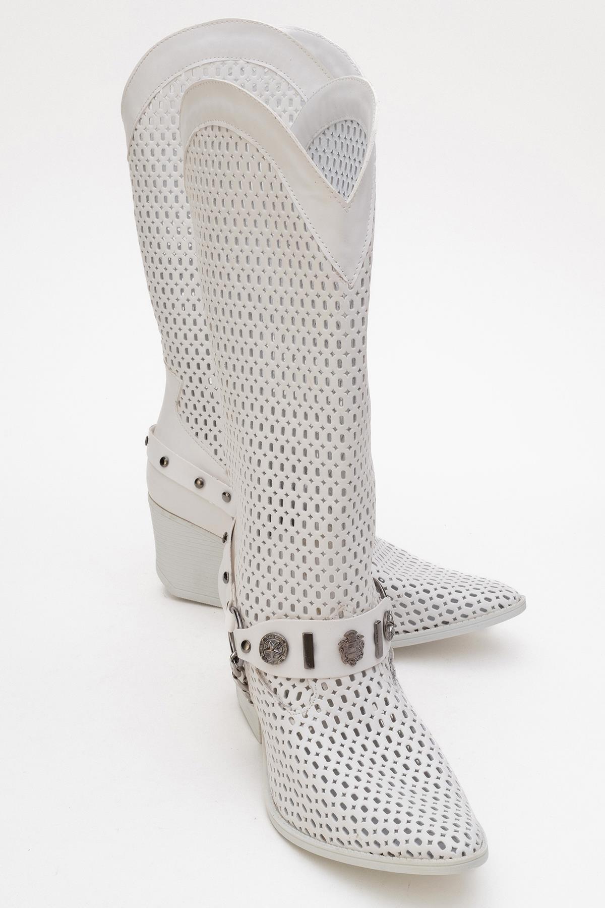 Liza White Block Heel Western Boot – back view showing leather, white, red, Vowalisse
