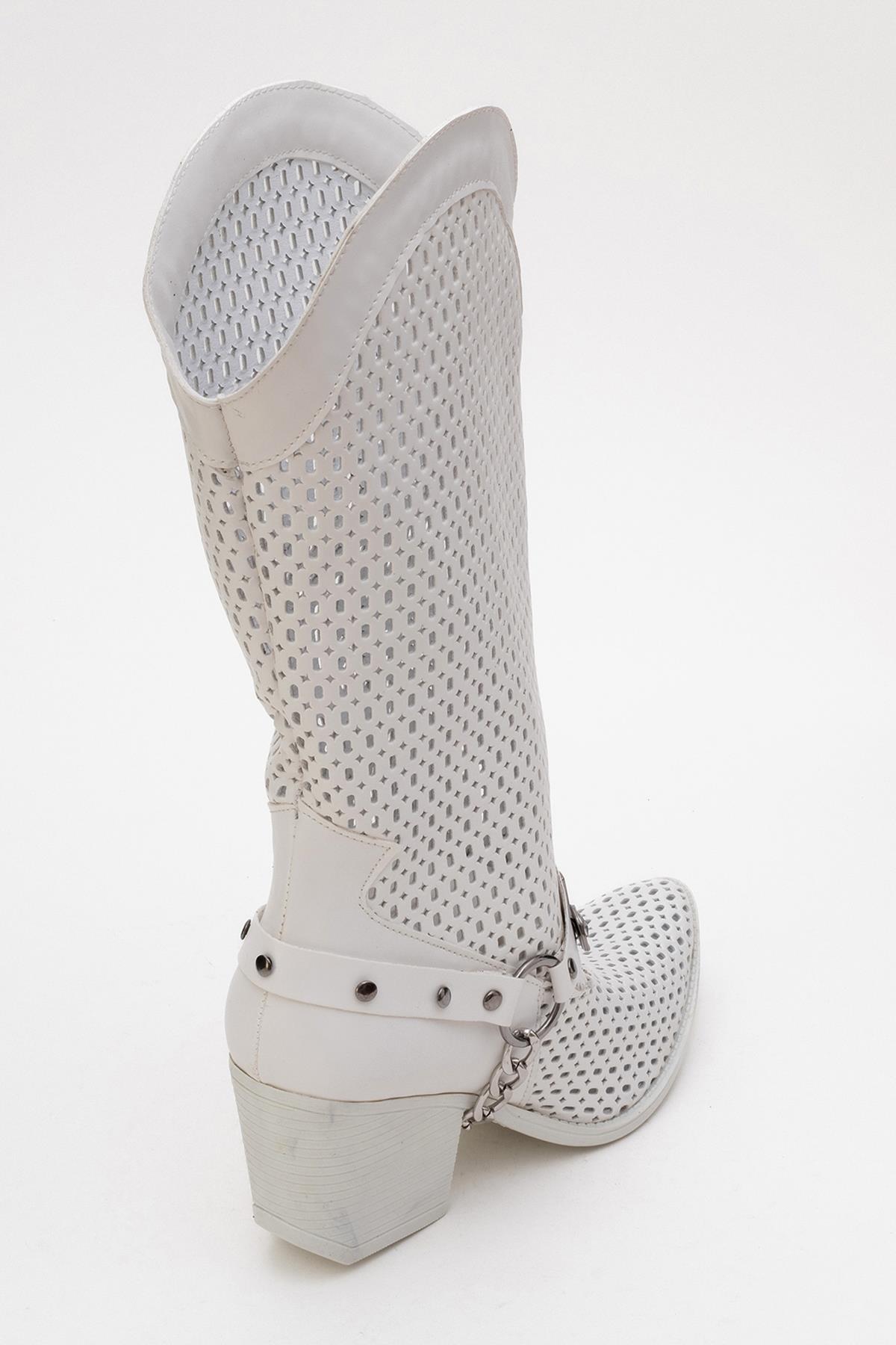 Liza White Block Heel Western Boot – product view 9 showing leather, white, red, Vowalisse