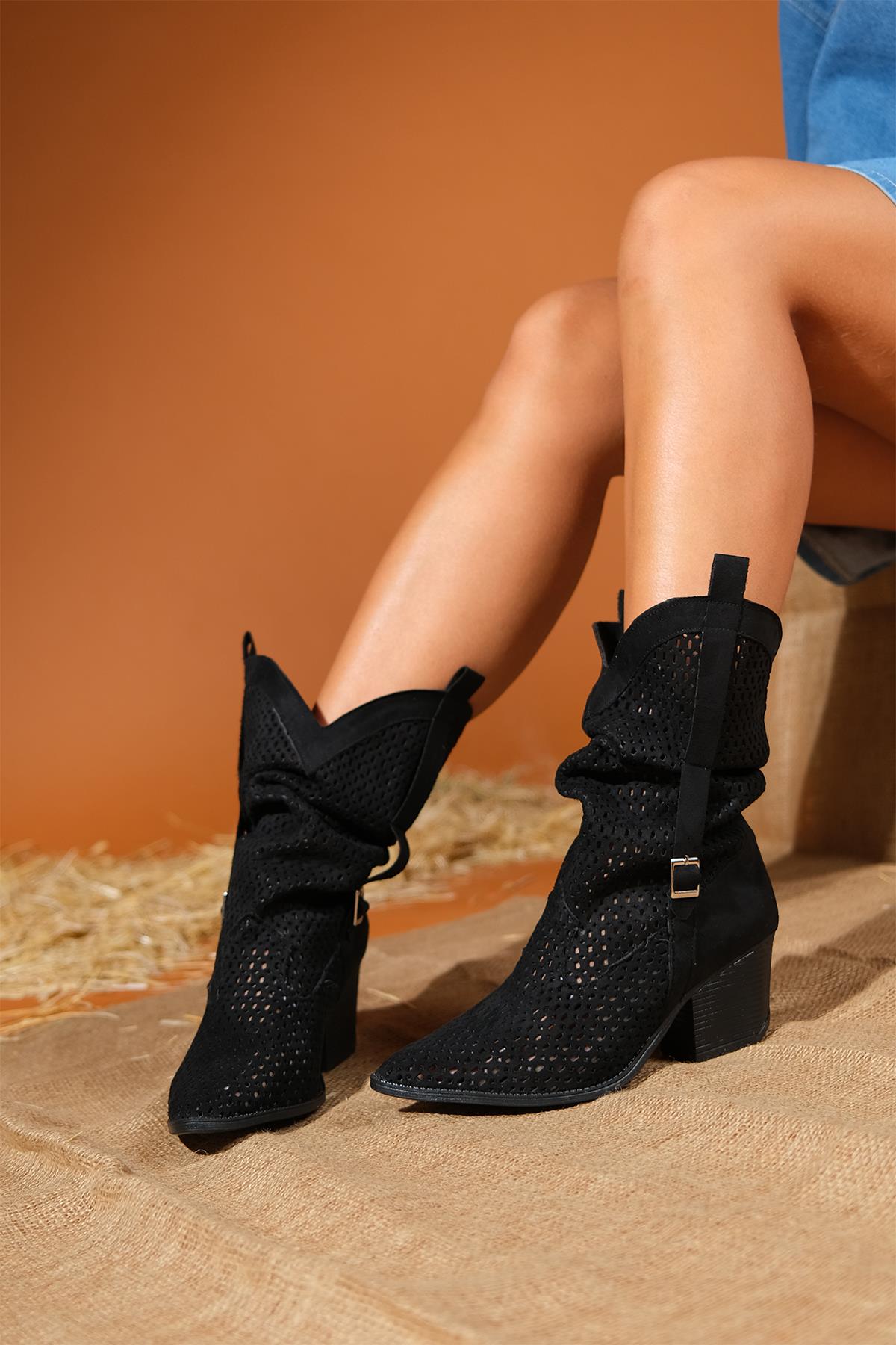 Larry Black Elasticated Block Heel Boot – back view showing leather, black, red, Vowalisse