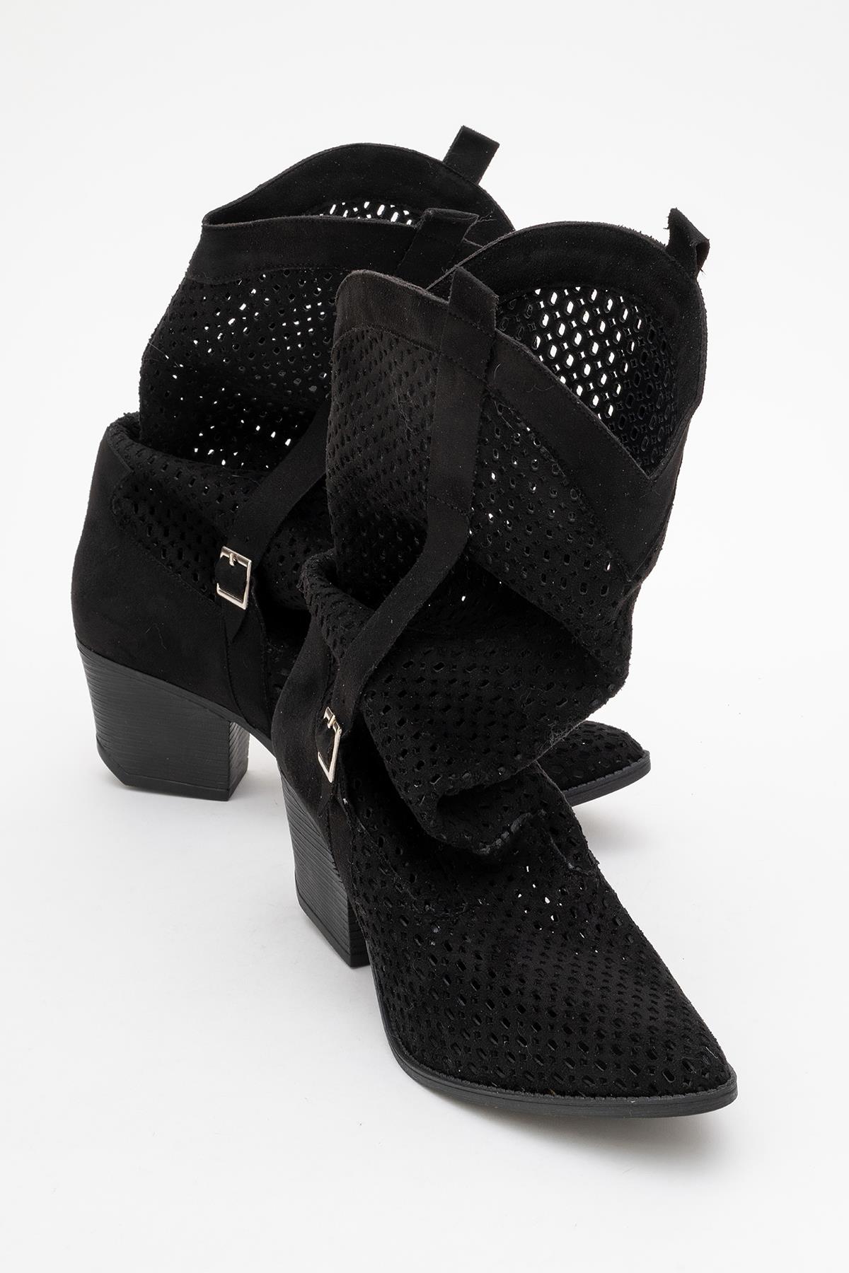 Larry Black Elasticated Block Heel Boot – top view showing leather, black, red, Vowalisse