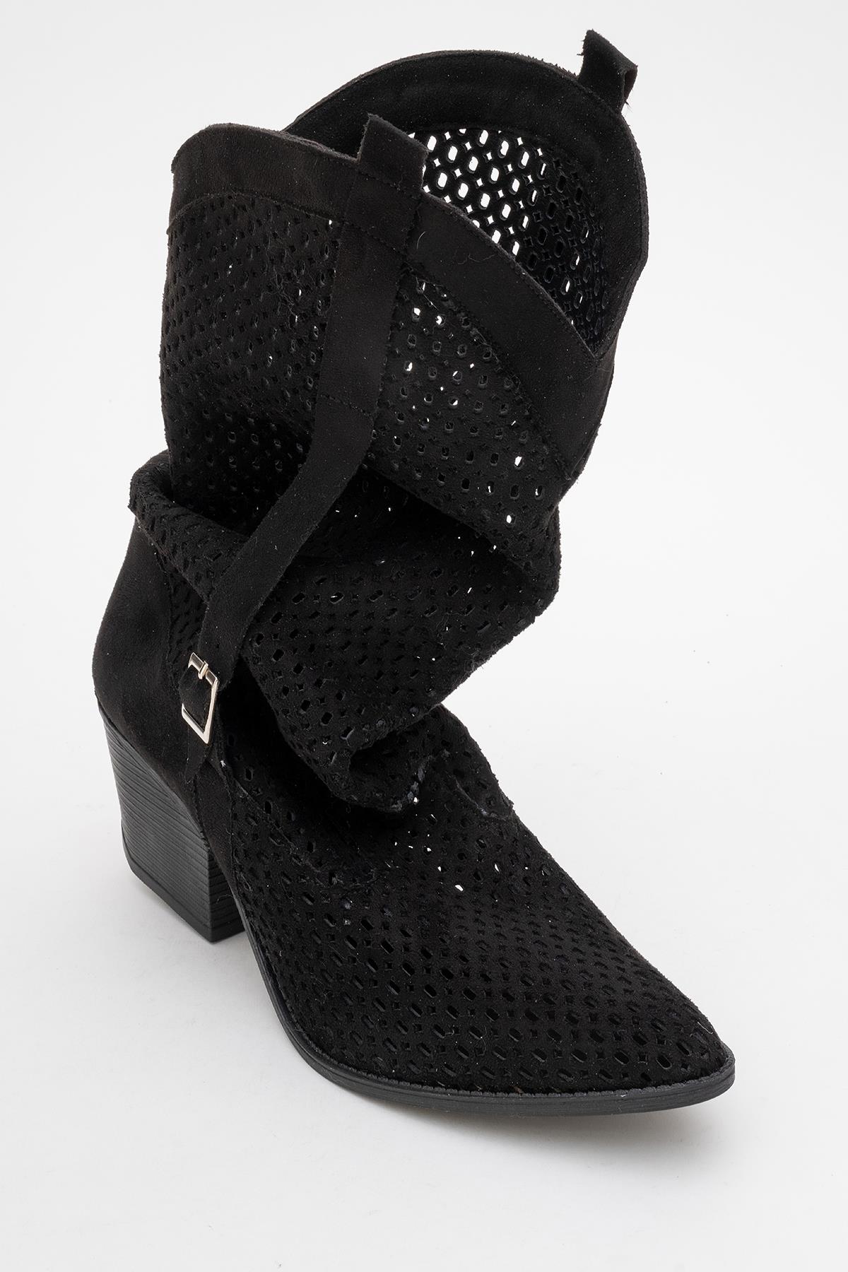 Larry Black Elasticated Block Heel Boot – pair view showing leather, black, red, Vowalisse