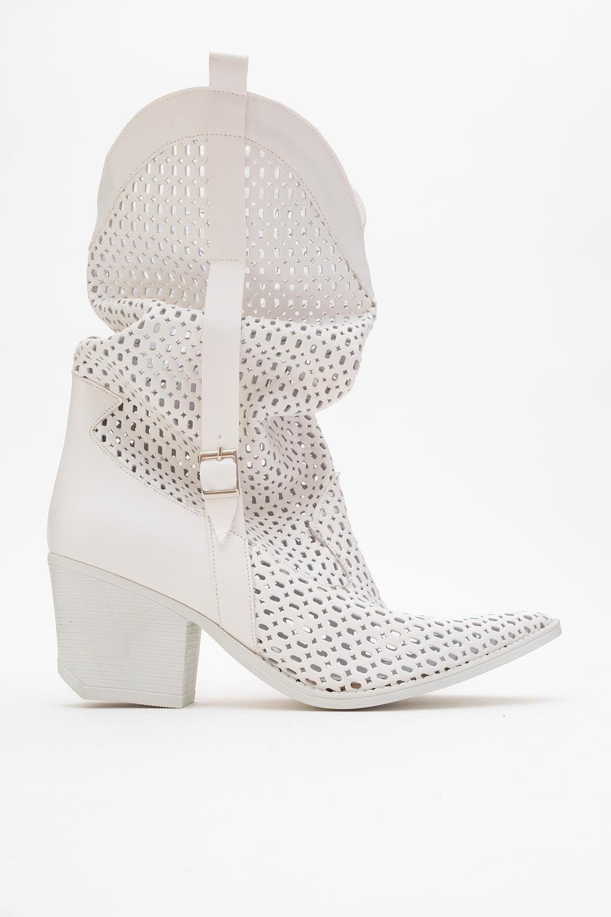 Larry White Elasticated Block Heel Boot – product view 10 showing leather, white, red, Vowalisse