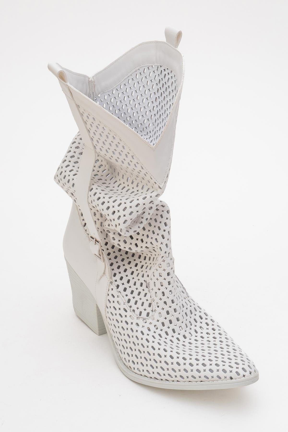 Larry White Elasticated Block Heel Boot – sole view showing leather, white, red, Vowalisse