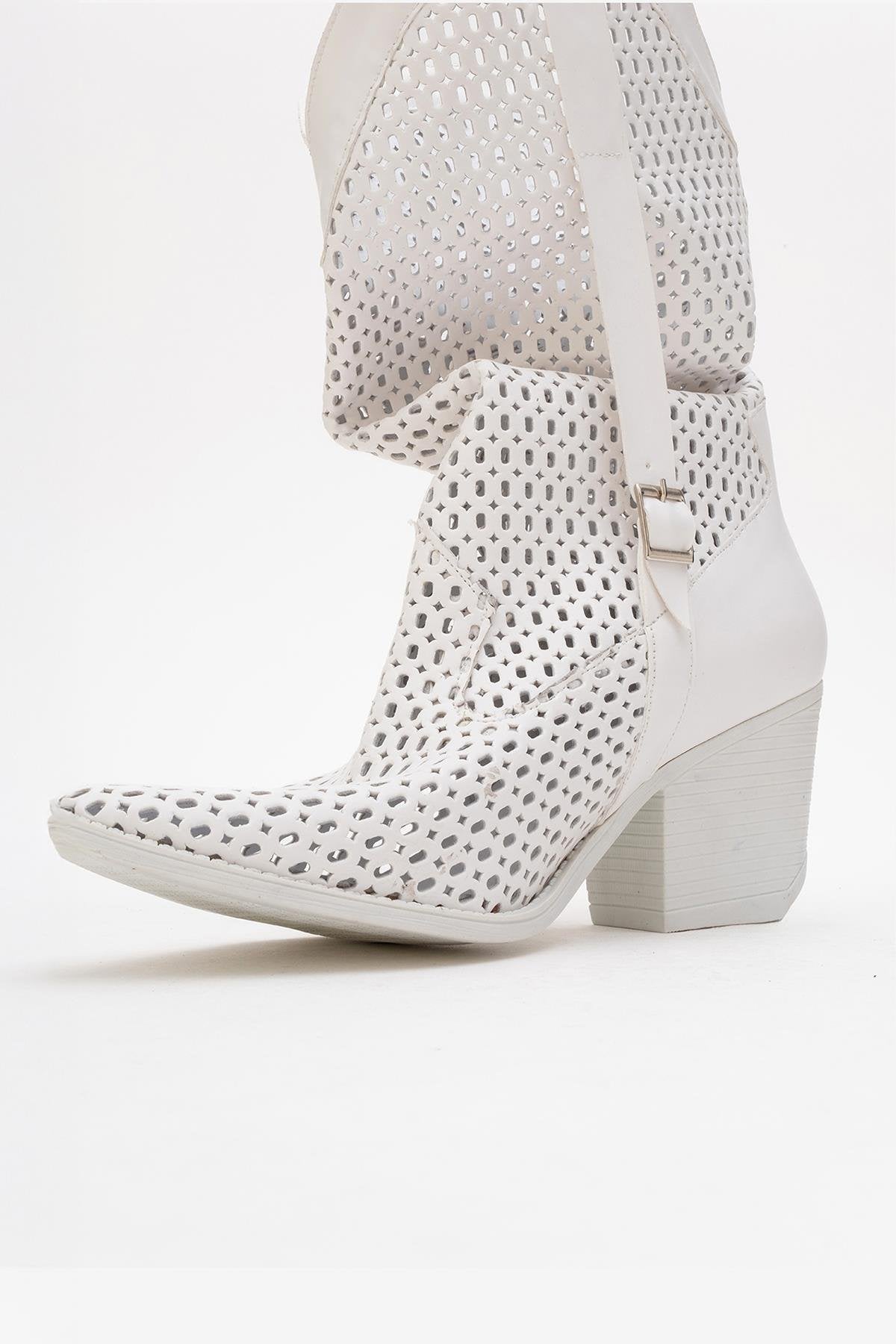 Larry White Elasticated Block Heel Boot – pair view showing leather, white, red, Vowalisse