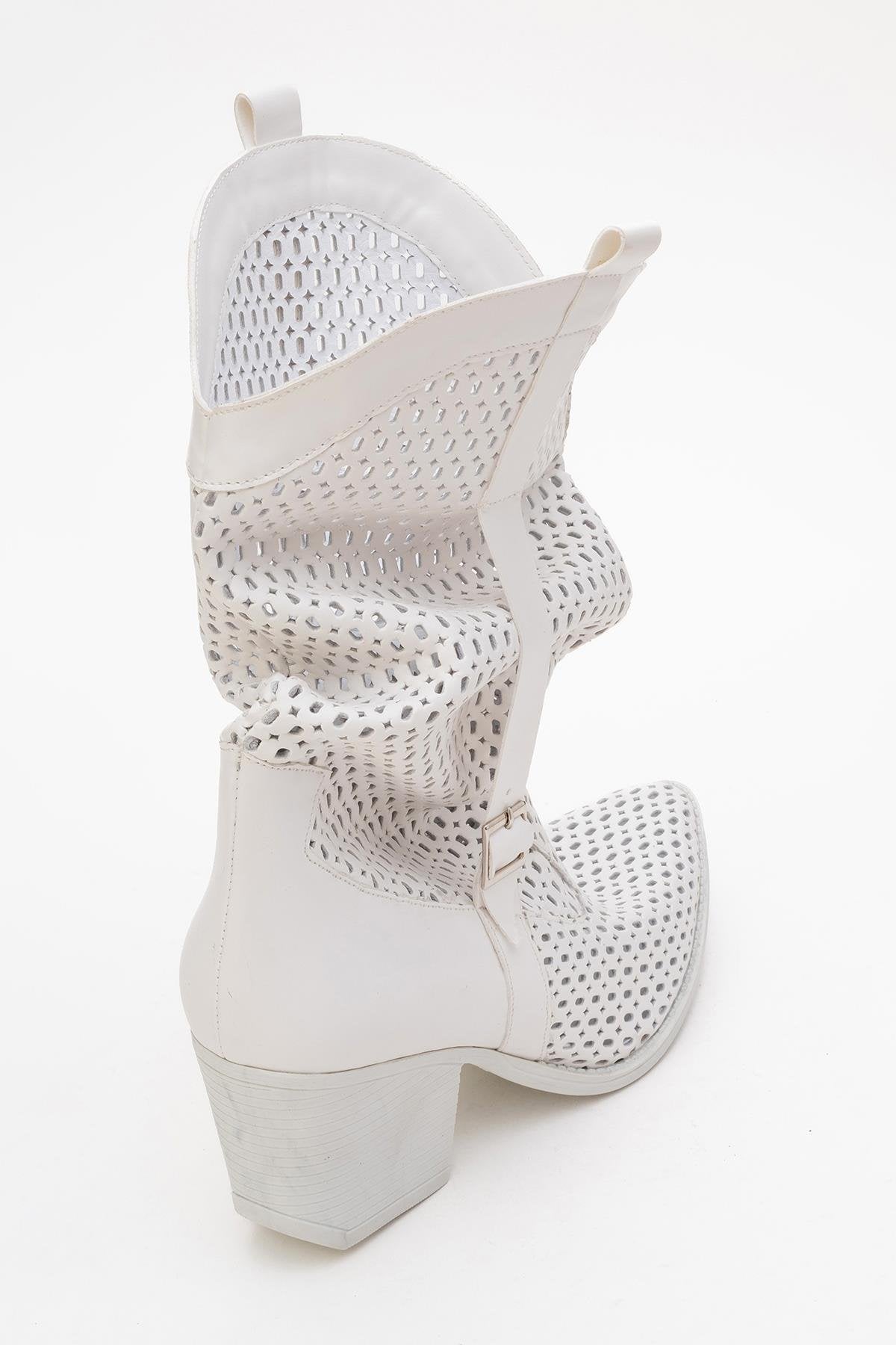 Larry White Elasticated Block Heel Boot – product view 9 showing leather, white, red, Vowalisse