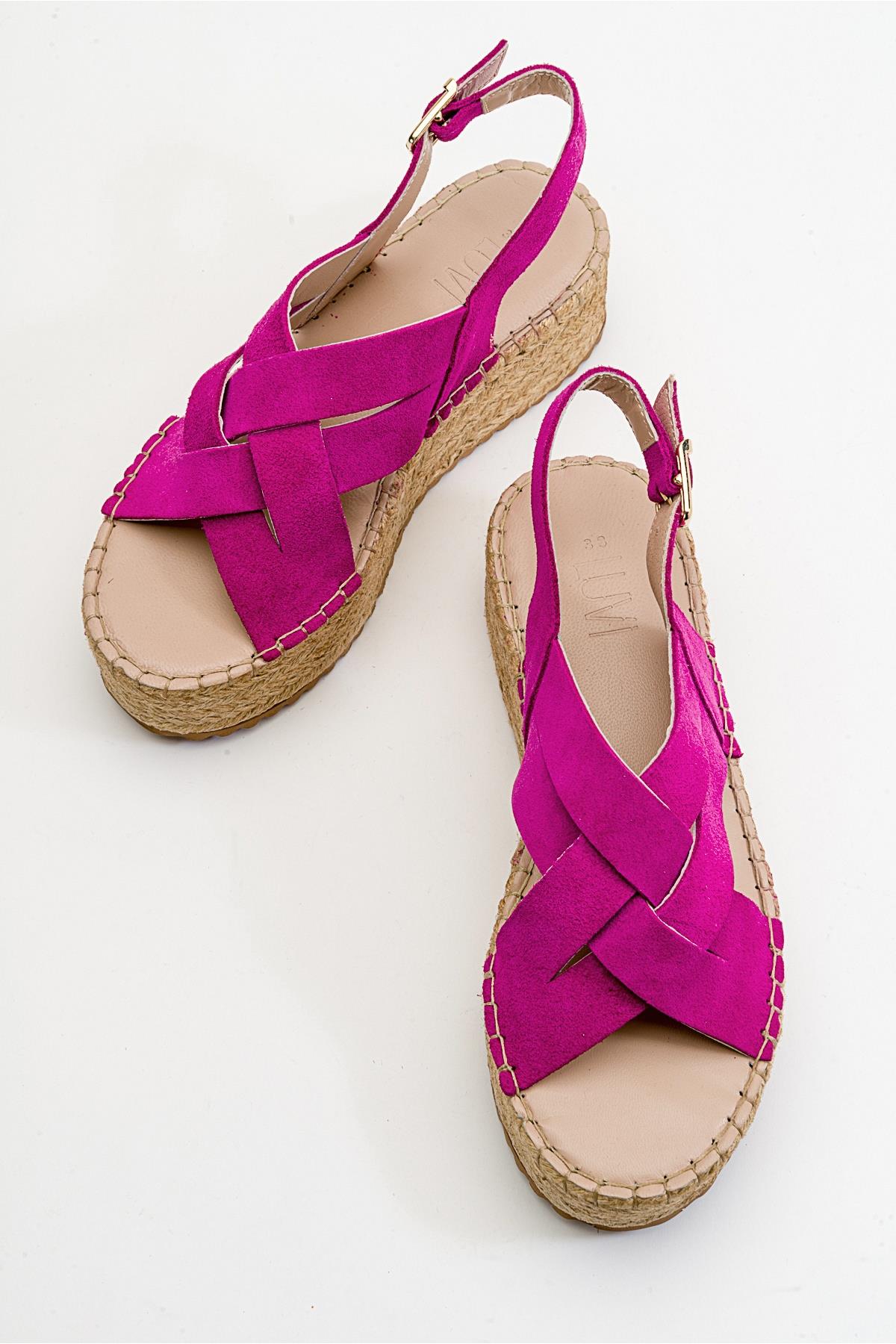 Lontano - Fuchsia Suede Leather Platform Sandal – side view showing leather, suede, Vowalisse