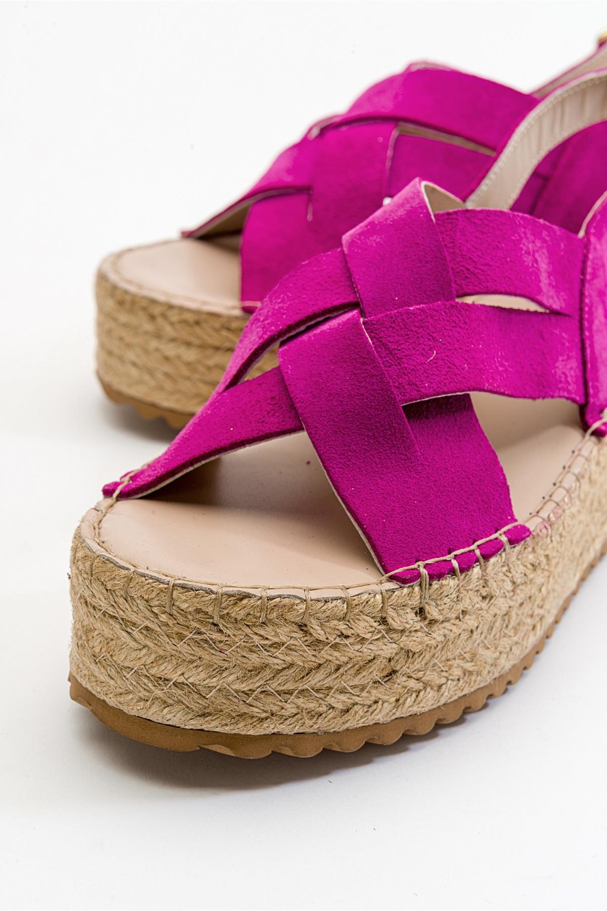 Lontano - Fuchsia Suede Leather Platform Sandal – back view showing leather, suede, Vowalisse