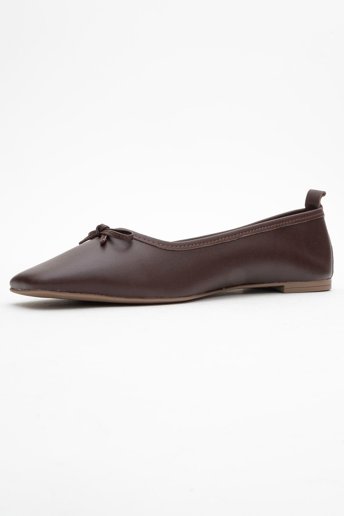 Sosa - Brown Genuine Leather Square-Toe Bow Ballet Flat – heel view showing bow, leather, Vowalisse