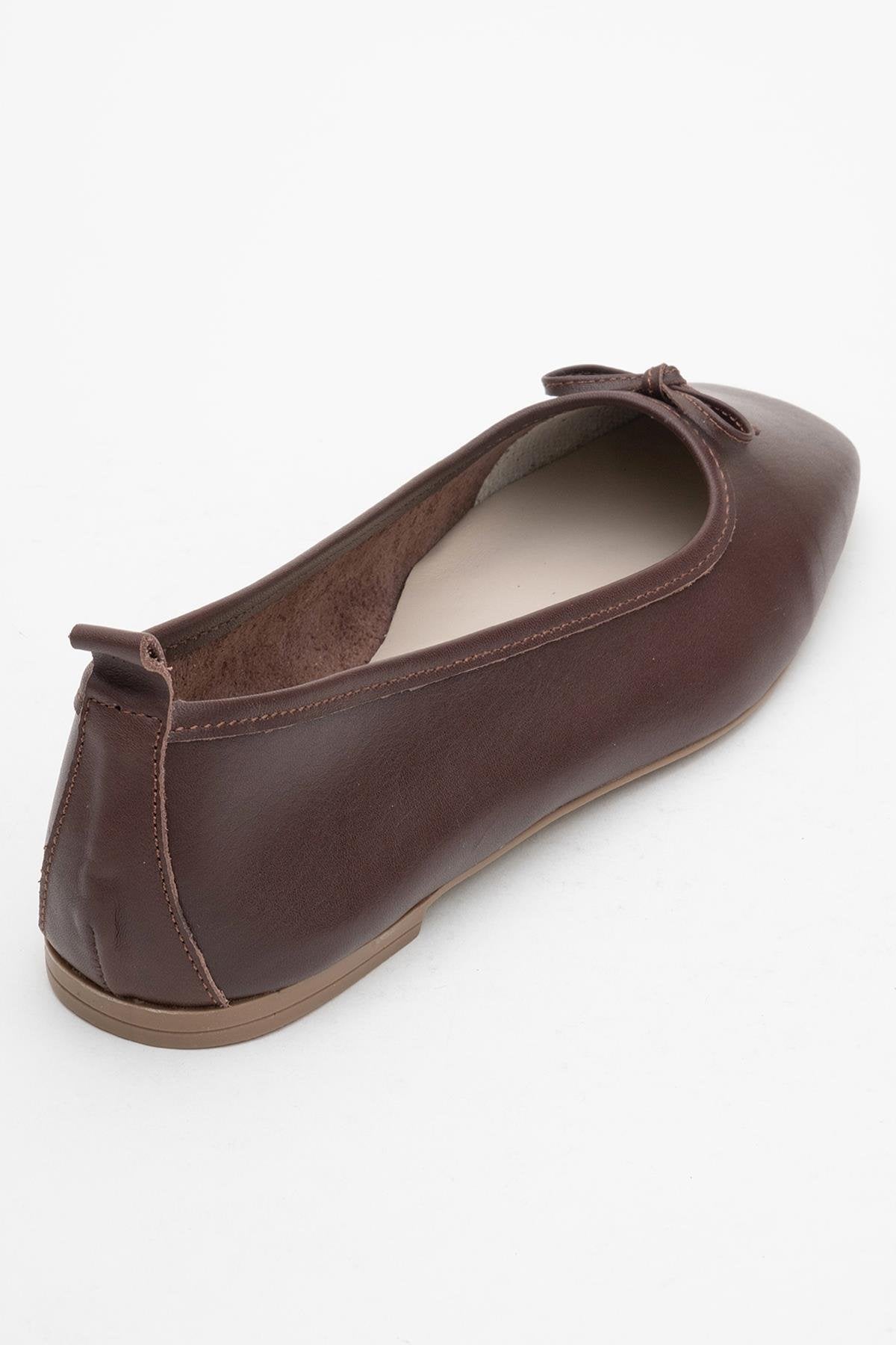 Sosa - Brown Genuine Leather Square-Toe Bow Ballet Flat – back view showing bow, leather, Vowalisse
