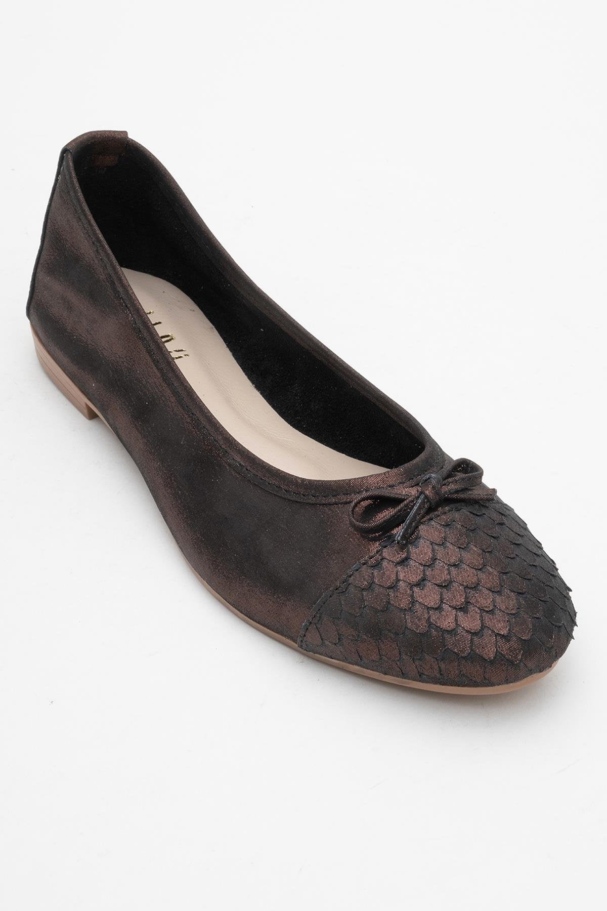 02 - Copper Metallic Genuine Leather Ballet Flat – detail view showing leather, metallic, red, Vowalisse