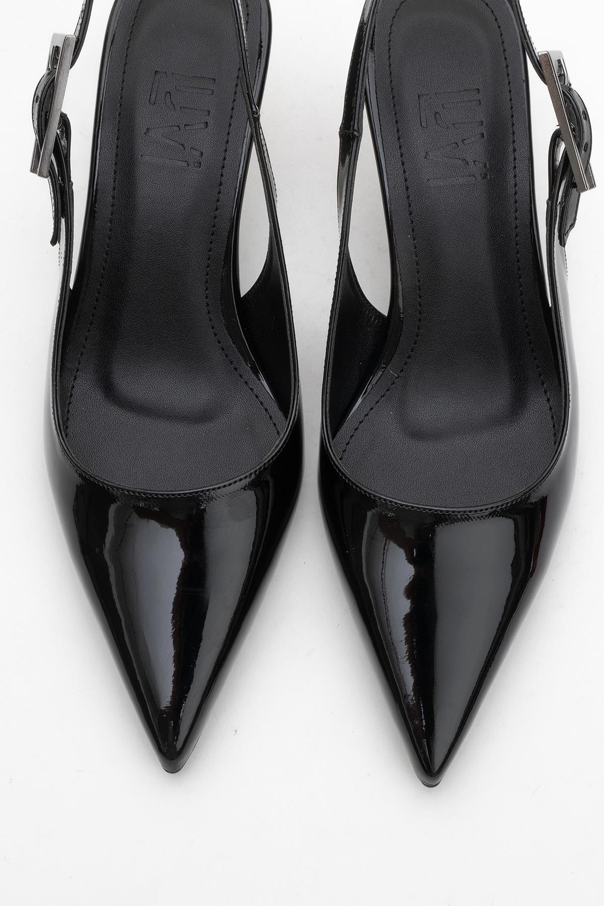Arty - Black Patent Slingback Heeled Shoe – side view showing leather, black, Vowalisse