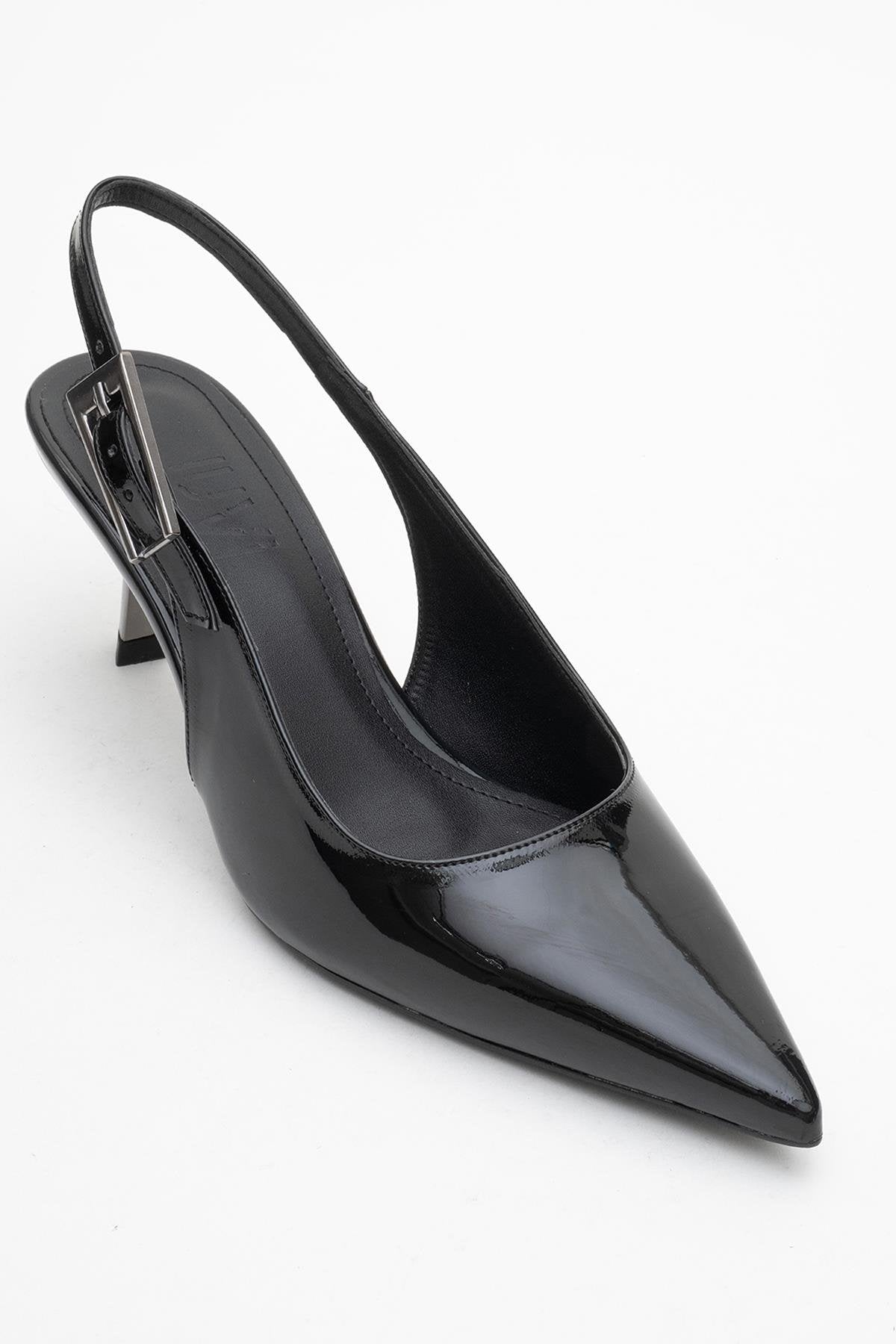 Arty - Black Patent Slingback Heeled Shoe – detail view showing leather, black, Vowalisse