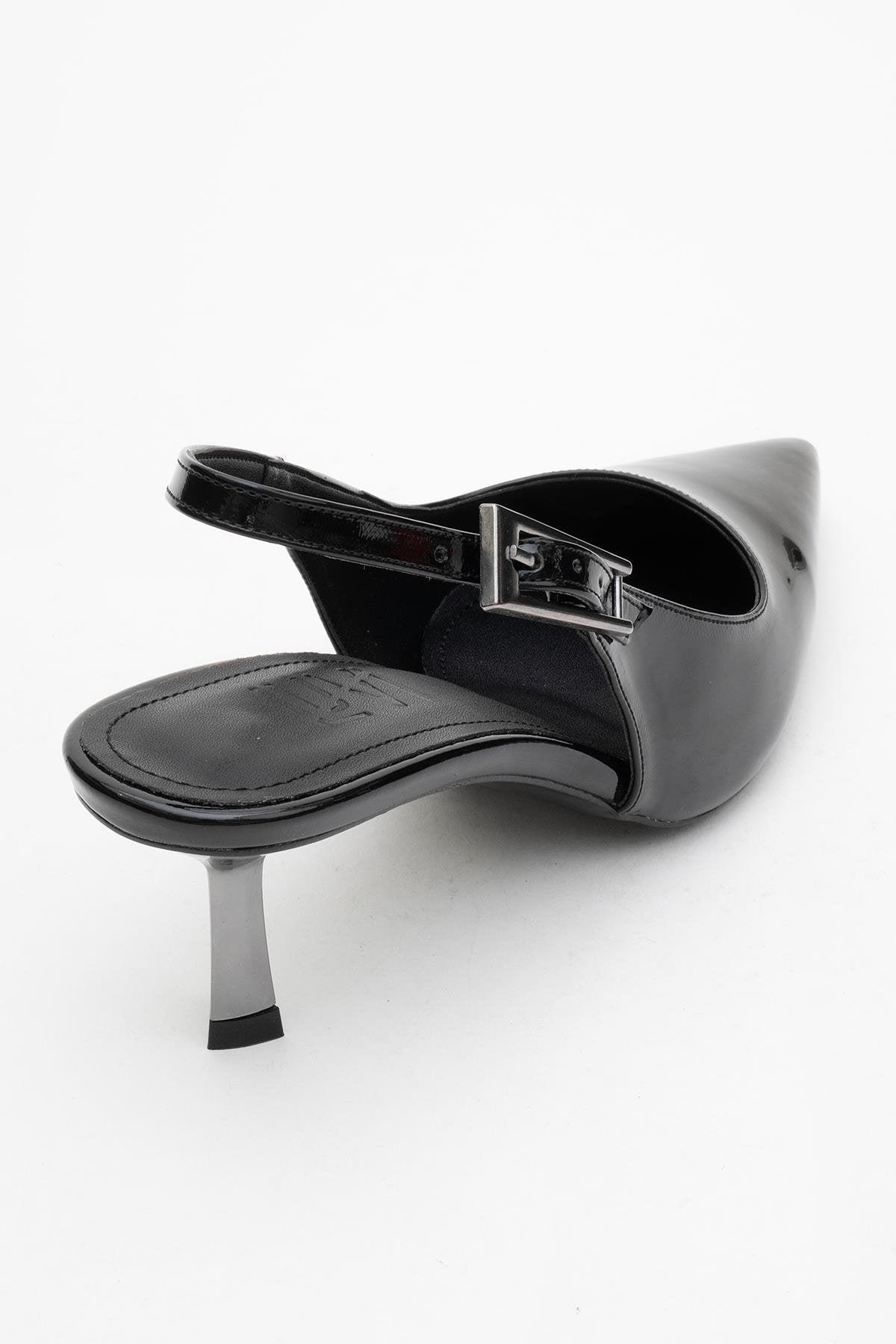 Arty - Black Patent Slingback Heeled Shoe – back view showing leather, black, Vowalisse