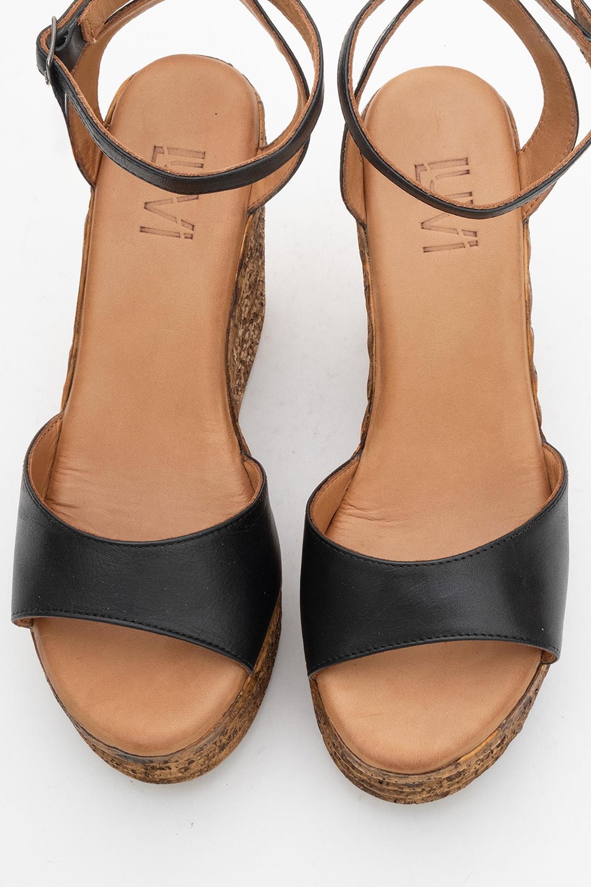 Elsie - Black Wedge Leather Sandal – side view showing leather, black, Vowalisse