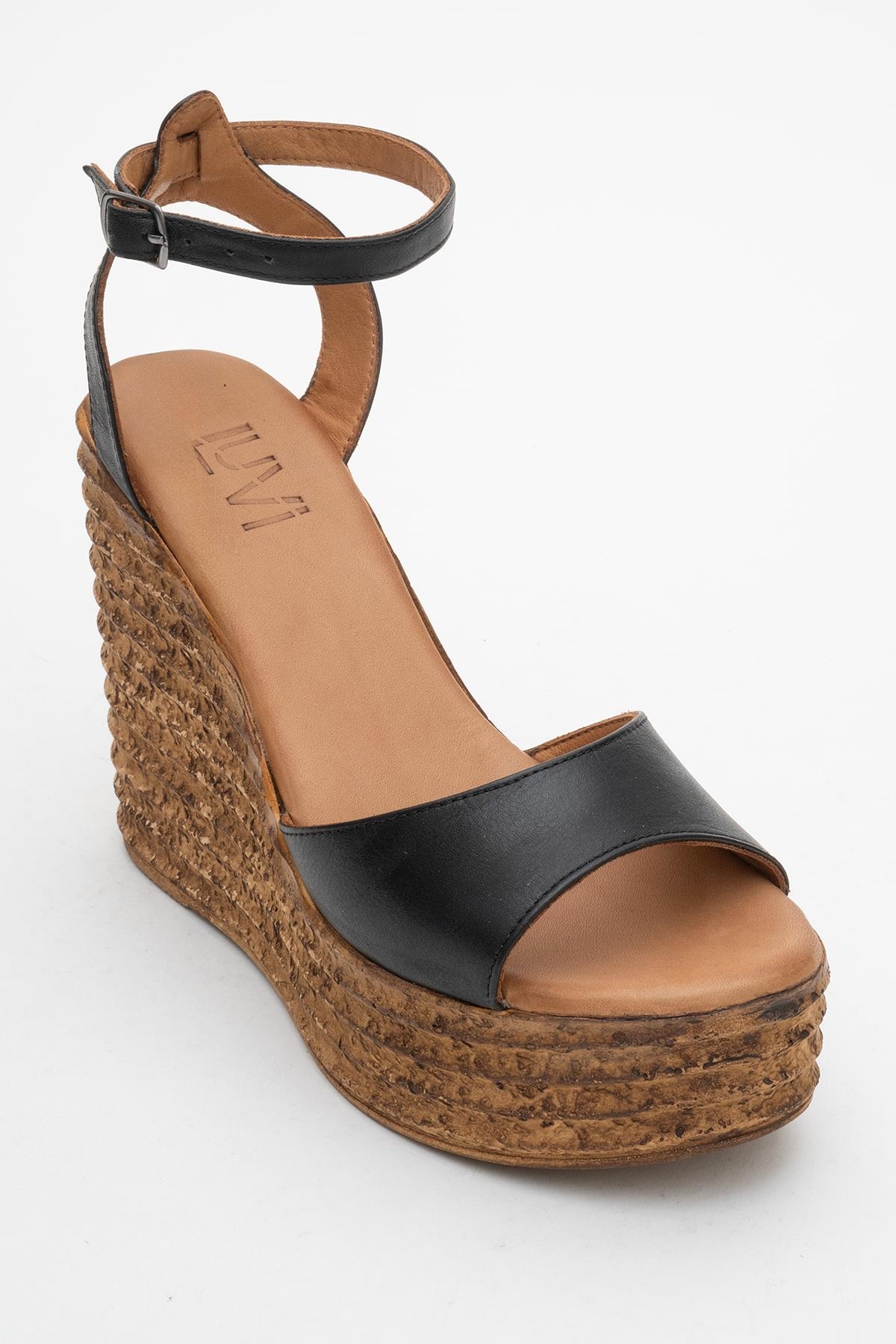 Elsie - Black Wedge Leather Sandal – detail view showing leather, black, Vowalisse