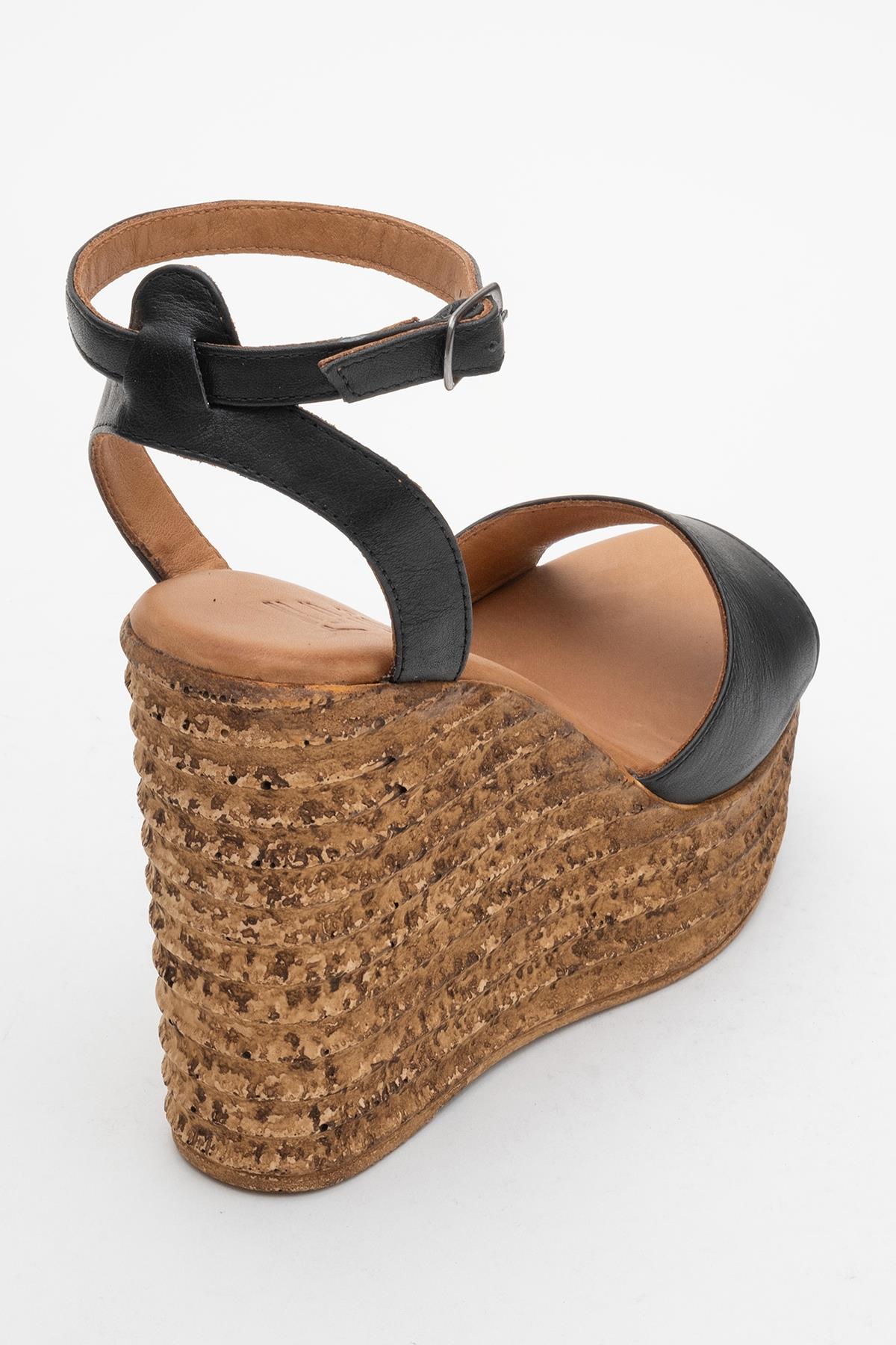 Elsie - Black Wedge Leather Sandal – back view showing leather, black, Vowalisse