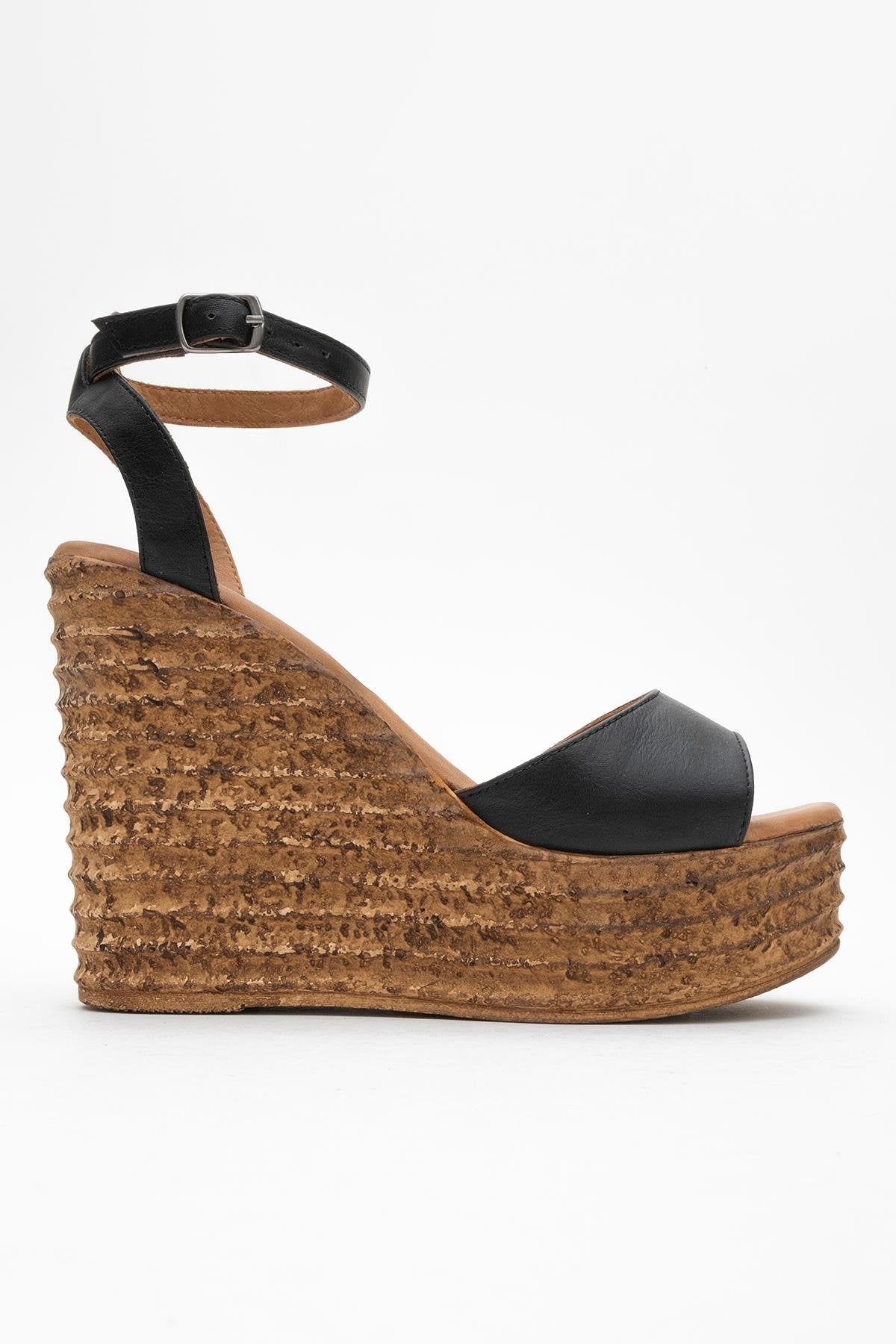 Elsie - Black Wedge Leather Sandal – top view showing leather, black, Vowalisse