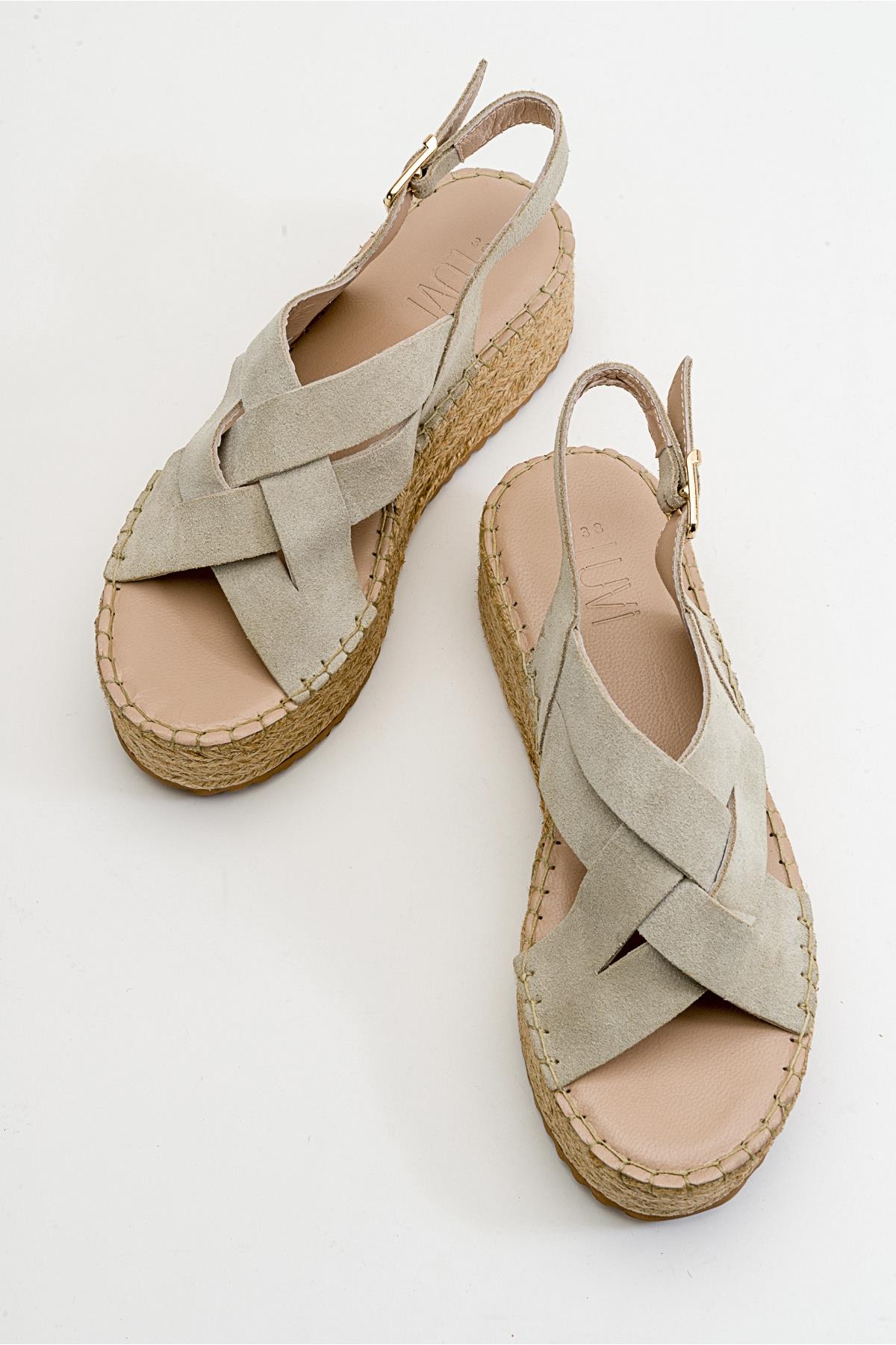 Lontano - Beige Suede Leather Platform Sandal – side view showing leather, suede, Vowalisse