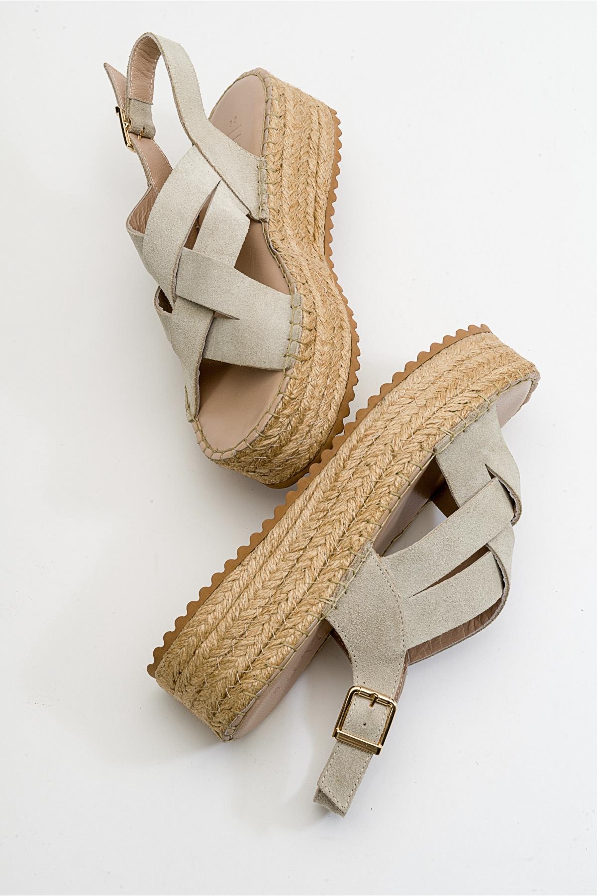 Lontano - Beige Suede Leather Platform Sandal – detail view showing leather, suede, Vowalisse
