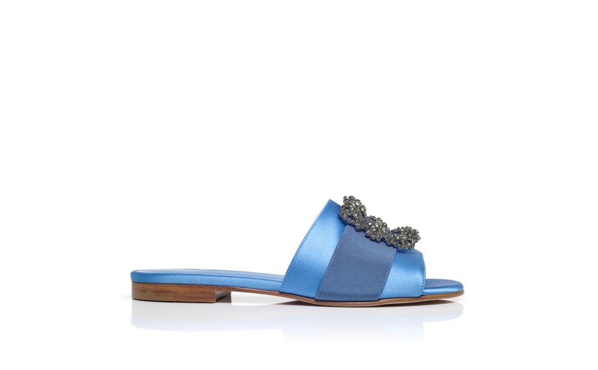Marielle Pearl Blue Jewel Buckle Mules – side profile showing blue jewel buckle, crystal buckle, satin, Vowalisse
